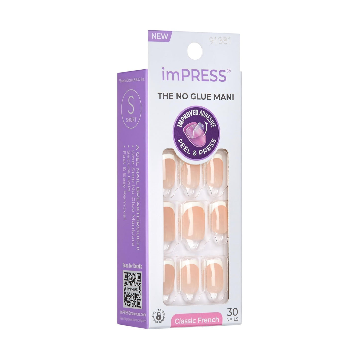 Kiss Impress No Glue Mani Press On Nails, French, 'Model', White, Short Size, Squoval Shape, Includes 30 Nails, Prep Pad, Instructions Sheet, 1 Manicure Stick, 1 Mini File