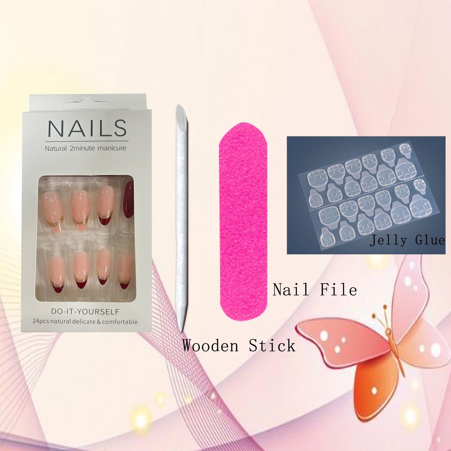 Press on Nails Tip Almond Medium Length, Artificial Fake Nails with Gold Sequins Design, Full Cover Reusable Coffin Shaped Glossy False Nails, Red French Acrylic Nails, Glue on Nails for Women Set