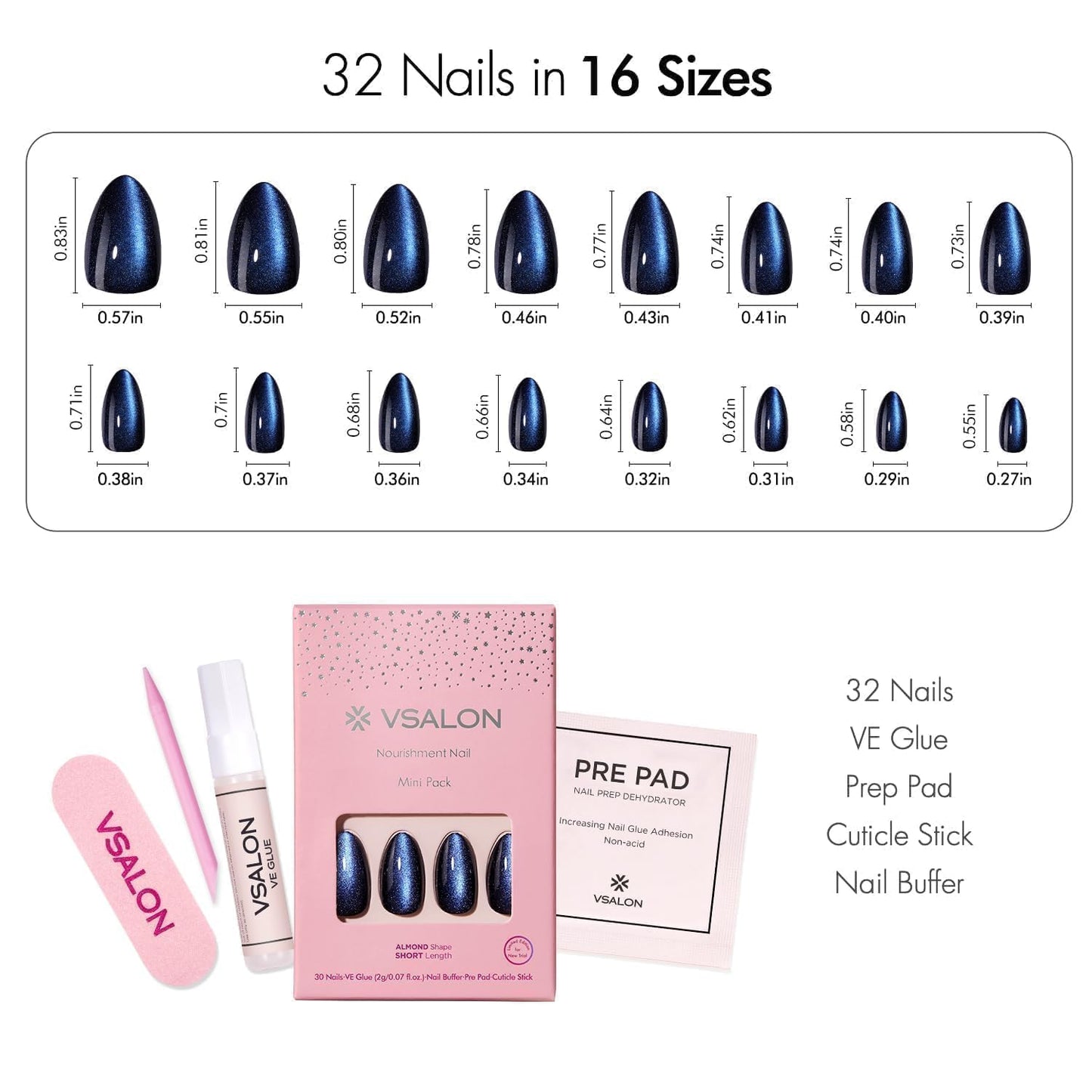 VSALON Almond Short Press On Nails, Light Pink Aurora Finish 3D Sculpted French Tip Nail Kit & Blue Cat Eye Mini Pack