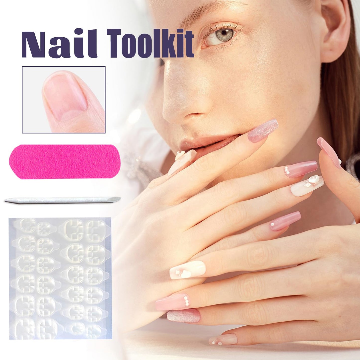 LOPMNGHT Flower Press on Nails Medium Ballet Shaped Glitter Rhinestones Buttefly Pattern Design Gradient Artificial False Nails Full Cover Reusable Glue on Nail for Women Blossom Manicure 24Pcs