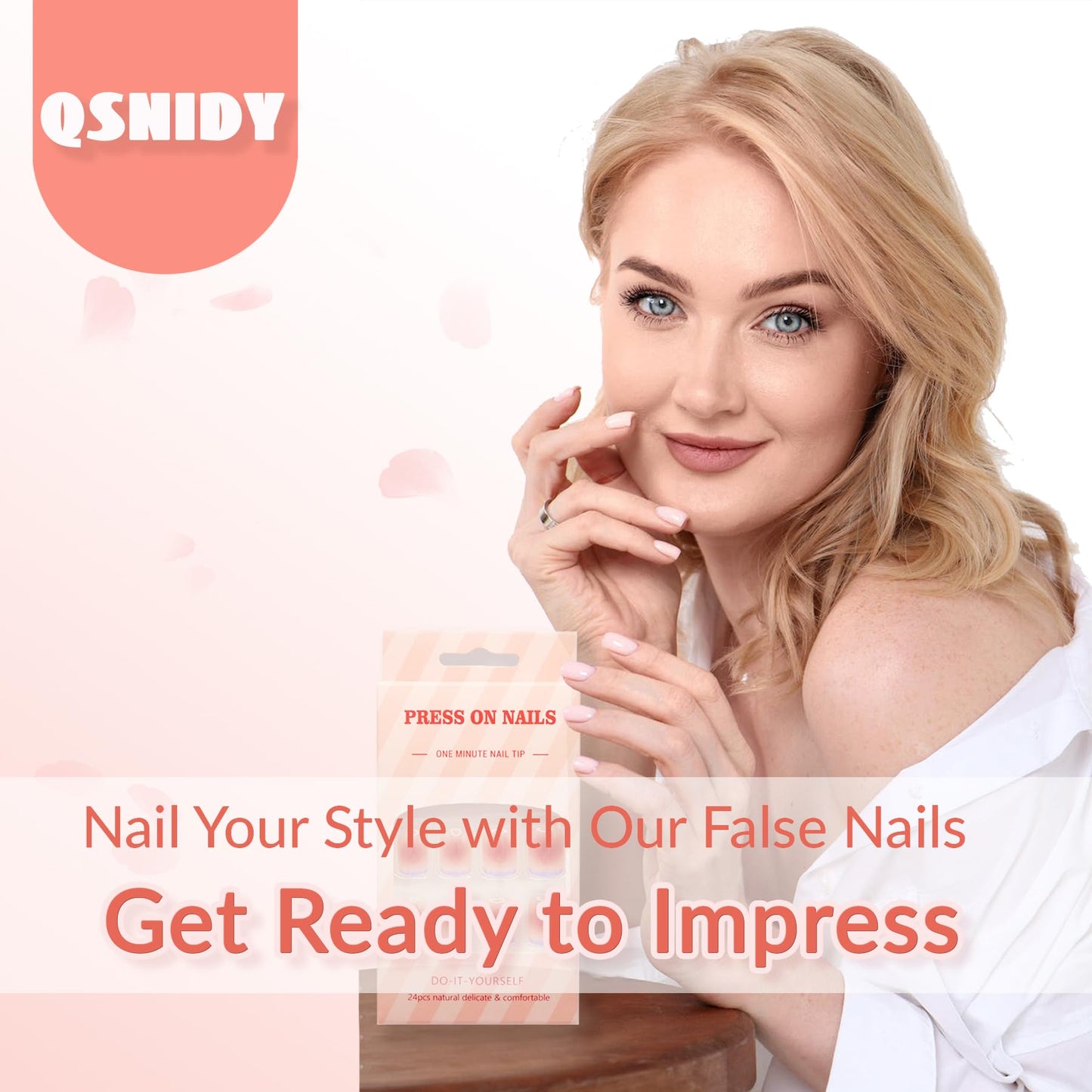 Qsnidy Press on Nails Square - Glazed Pastel Pink Chrome Fake Nails Medium Acrylic Full Cover Glue on Nails in 12 Sizes - 24 Piece Nail Kit,Natural Fit for Women & Girls Daily Wear