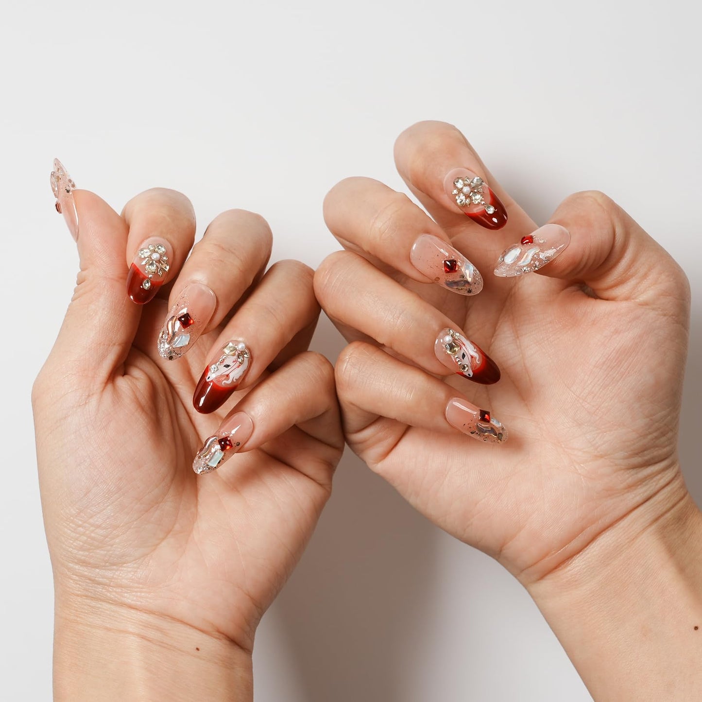 Tesytto Handmade Press on Nails Medium Almond, Luxury 3D Rhinestone Crystal Flower & Red Gem, Nude Burgundy Ombre Glitter Fake Nails with Pearl Aurora Shell Design (Crimson Crystal Butterfly Glow,S)