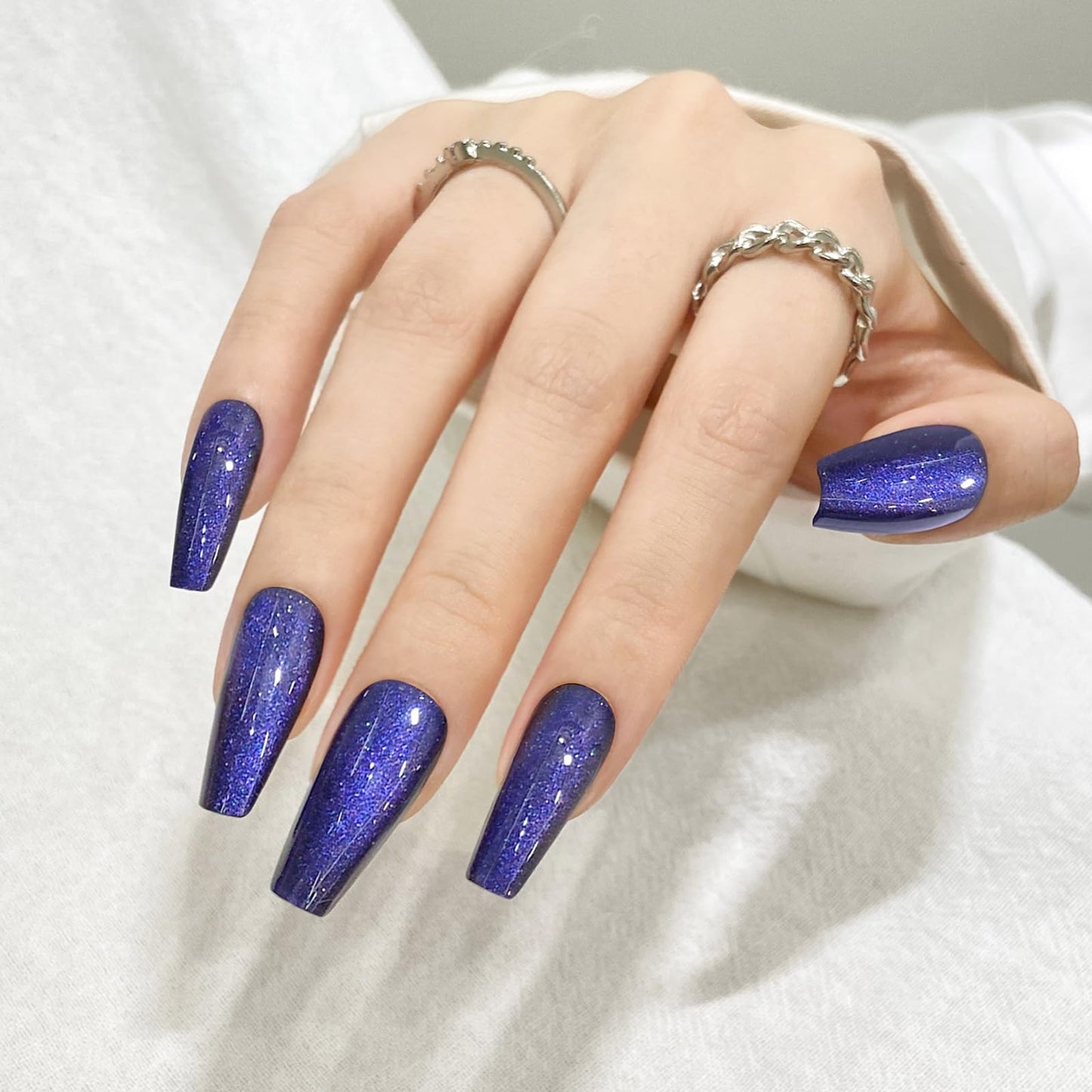 Dark Blue Cat Eyes Press On Nails,12 Sizes - 24 Pcs Soft Gel Blue Medium Coffin Fake Nails Kit with Nail Glue, Natural Reusable Stick On False Nails for Women and Girls SK0999