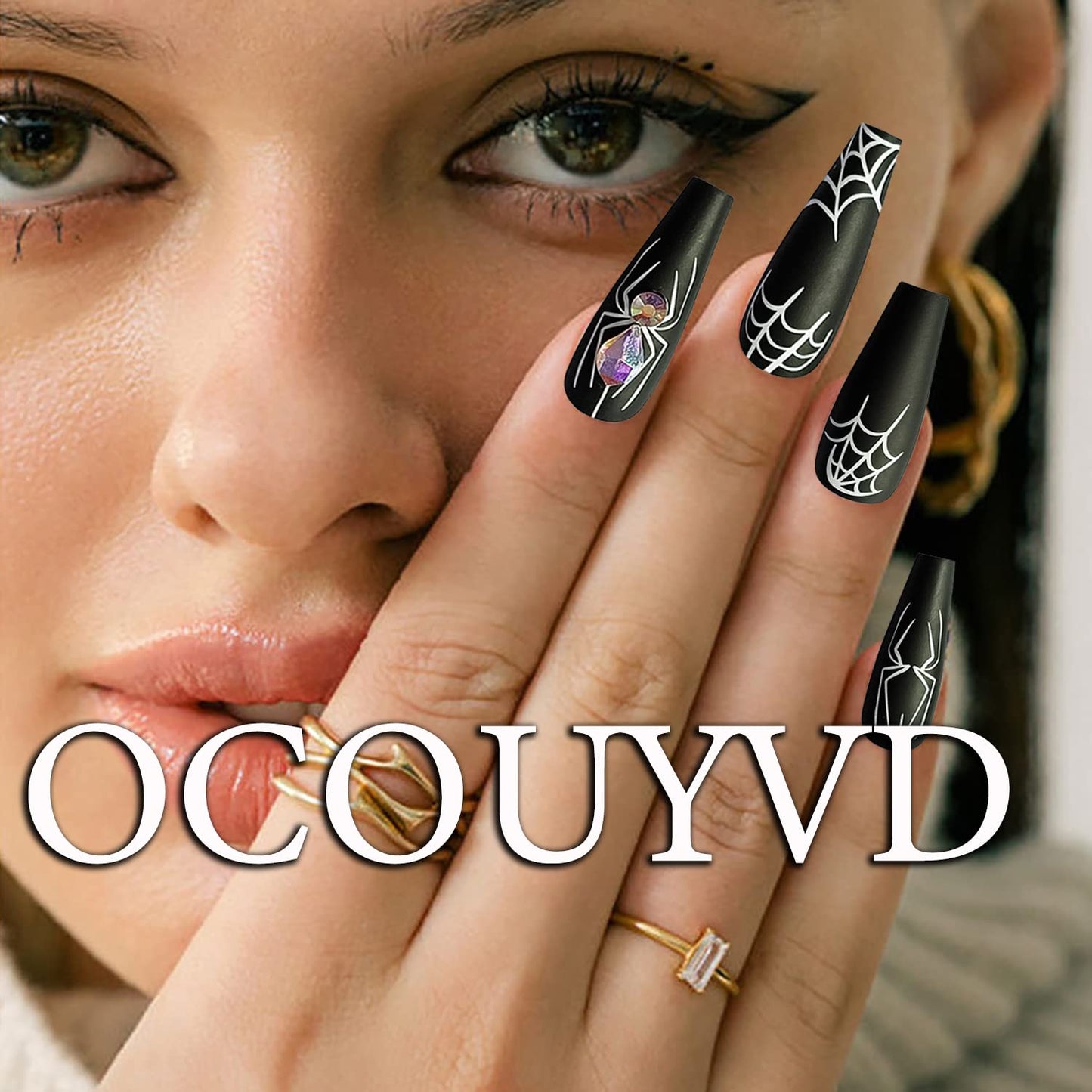 Halloween Press on Nails Long Coffin White Spider Web Fake Nails with Rhinestones Stick on Nail Black Full Cover Acrylic Nails False Nails for Women Girls 24Pcs