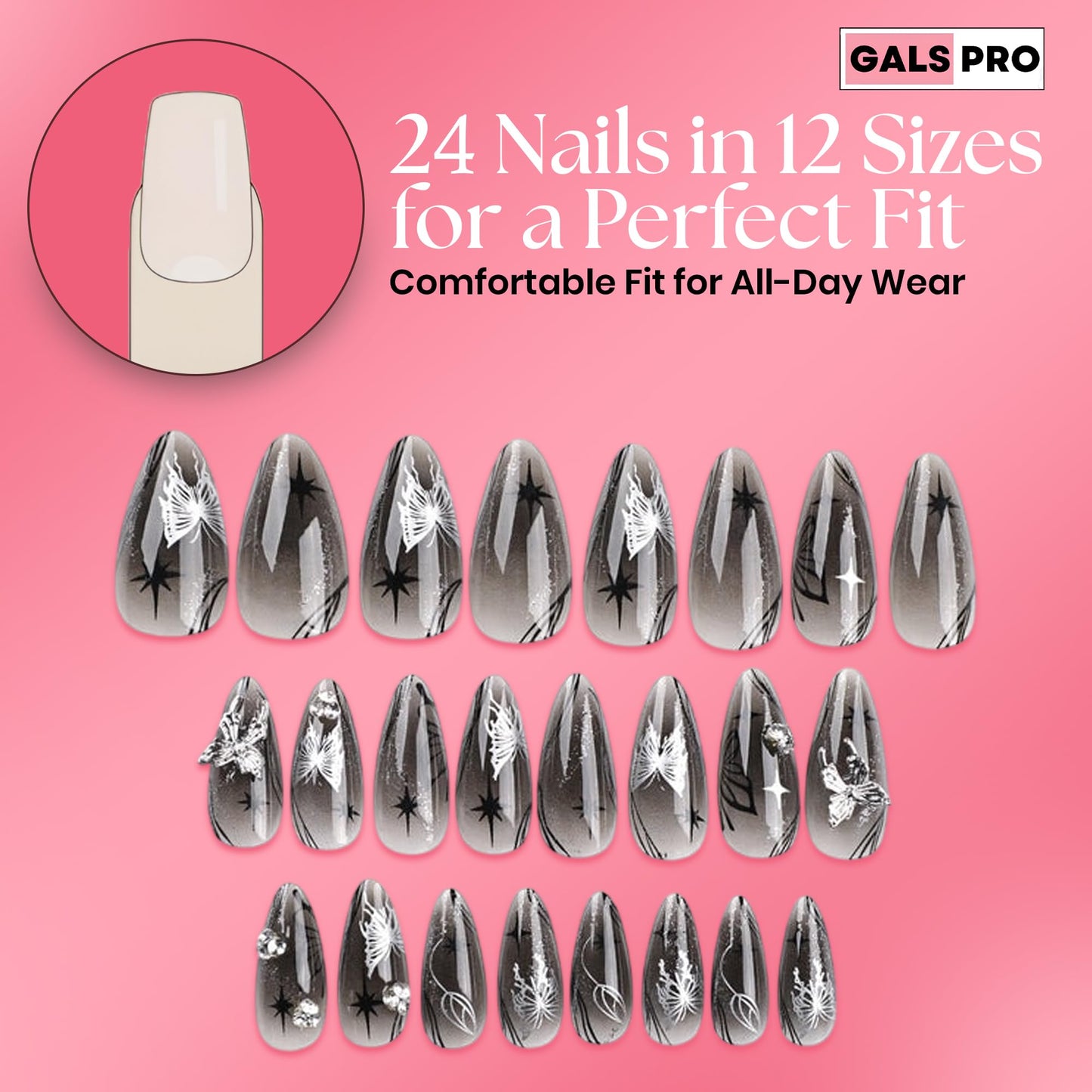 GALSPRO Medium Press on Nails - Set of 24 Fake Nails with Designs in 12 Different Sizes for Perfect Fit, Cute False Nails Kit for Women with 0.07oz Nail Glue, A Double Sided Nail File & Cuticle Stick