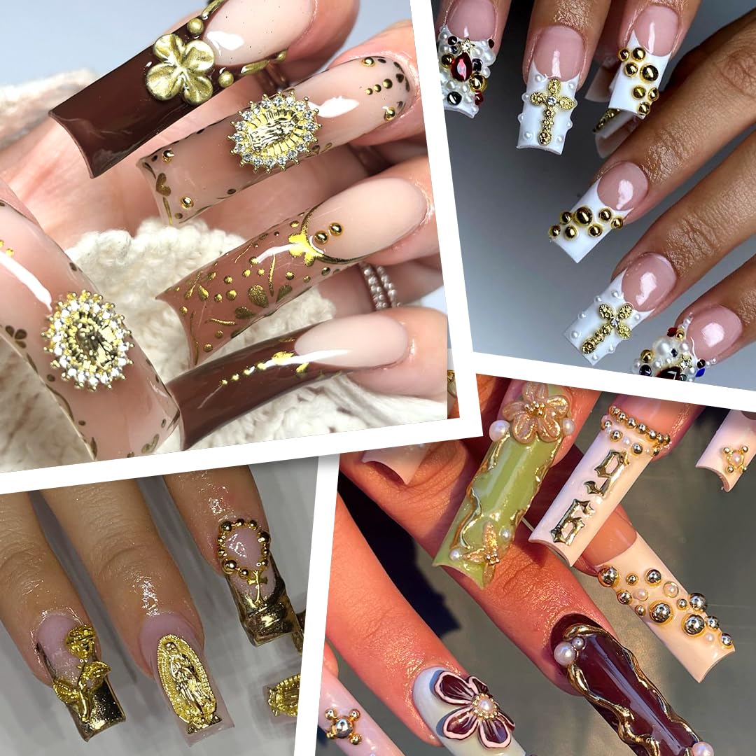3D Cross Nail Charms,Gold Flat Back Nail Pearls Beads for Crafting,Cute Nail Charms Y2k Rhinestones Jewelry for Nail Art Flower Virgin Mary Religious Charms Gems Bulk Nail Chains (Gold)