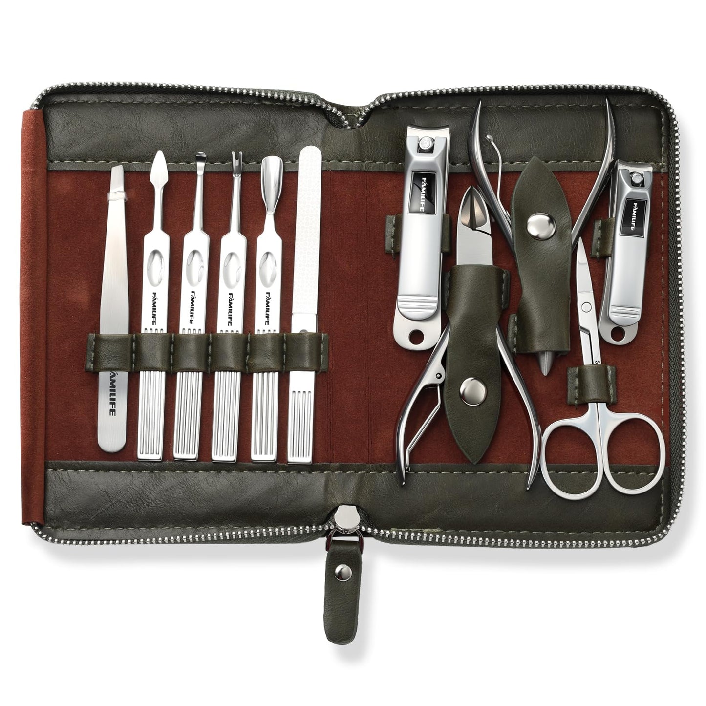 FAMILIFE Manicure Set, Professional Manicure Kit Nail Clippers Set 11 in 1 Stainless Steel Nail Pedicure Tools Kit Grooming Tool with Portable Green Leather Travel Case Luxury Gifts for Women and Men