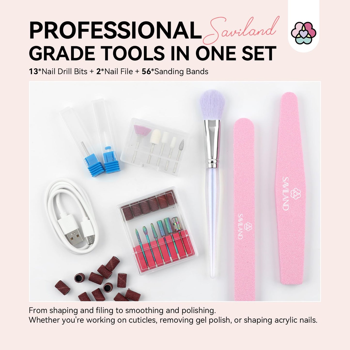 SAVILAND Electric Nail Drill Professional: 40000RPM Pink Rechargeable Portable Electric Nail Filer with 6000mAh Battery, for Shaping, Removing & Polishing Acrylic Nails Home Salon Manicure Gift