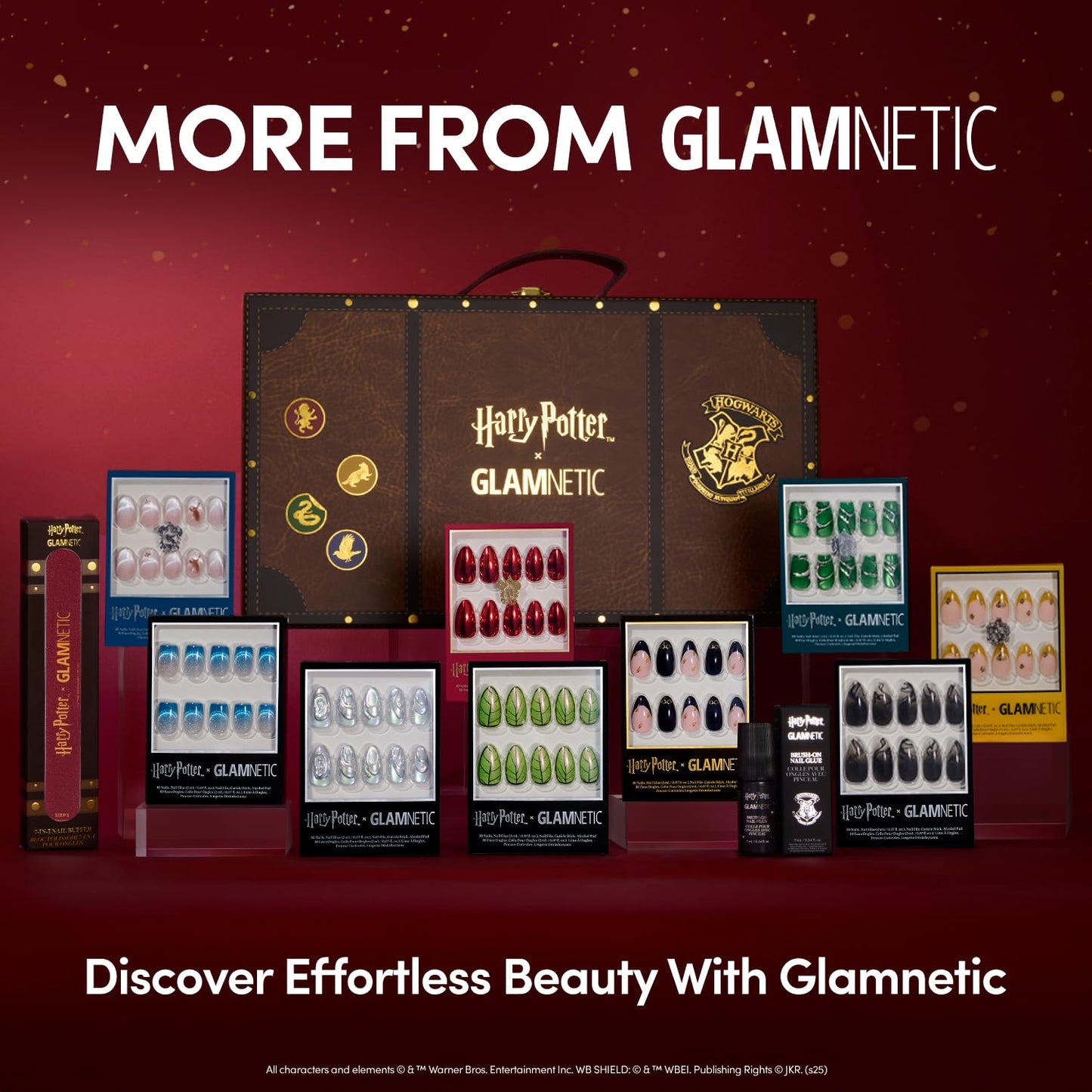Harry Potter™ x Glamnetic Press-On Nails Bundle - Harry Potter™, Dementor™, Unicorn Blood, Mandrake & Lumos | Short Almond Fake Nails with Black French Tips, Glasses & Hidden Lightning Details | Mediu