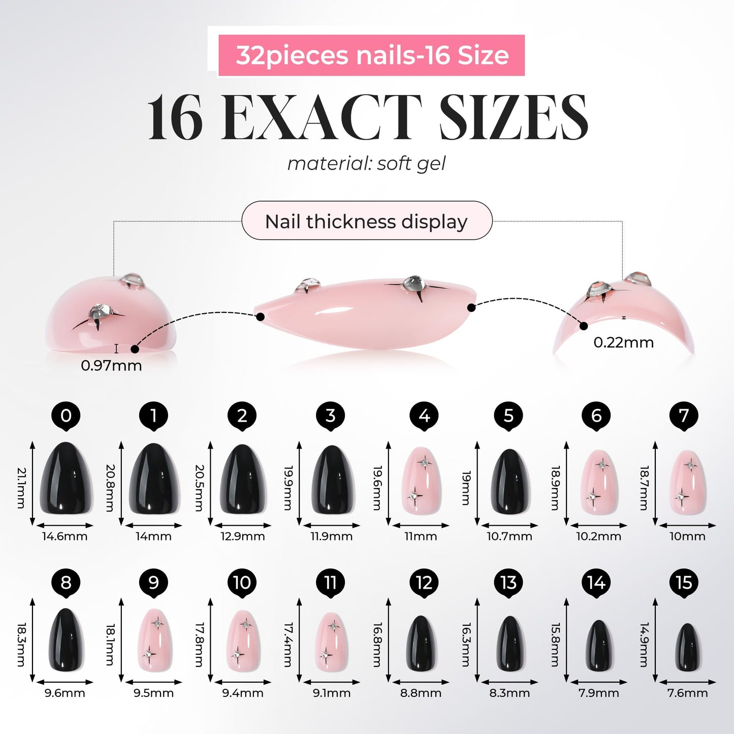 UNA GELLA Press on Nails Almond - 32Pcs 16 Sizes Nude Pink Fake Nails with Starburst Rhinestones, Soft Gel False Nails, Reusable Glue on Stick on Nails for Women DIY Manicure