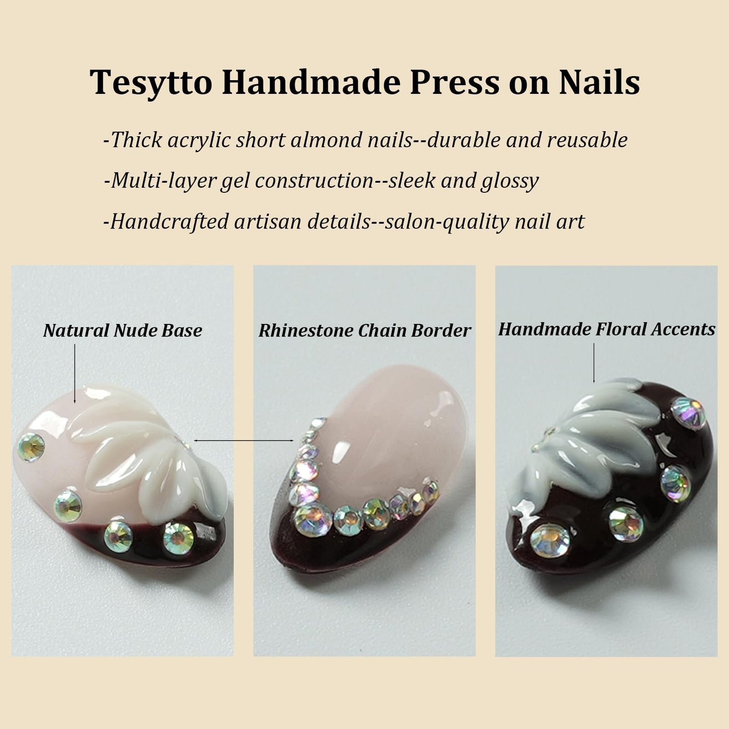 Tesytto Short Almond Press on Nails, Nude Pink Dark Burgundy Ombre Fake Nails with 3D Floral & AB Rhinestone, Handmade Salon Quality Reusable False Nails for Women (Burgundy Bloom Gem,S)