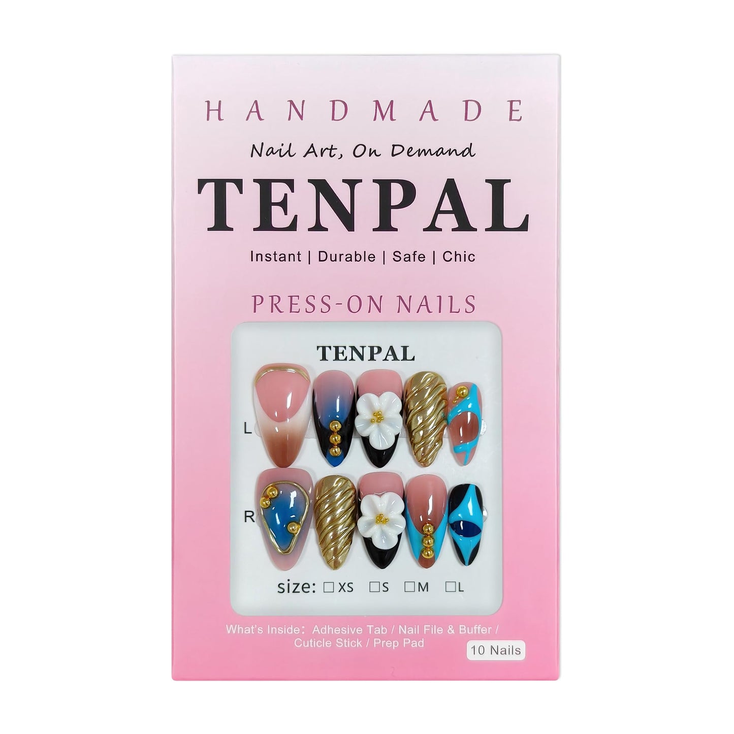 TENPAL 10Pcs Handmade Press On Nails With Tools,Gold & Blue French Tip Fake Nails Almond with 3D Floral Metal Charms,Glossy Thick Glue on Nails,Blushing Salon Acrylic Nails for Wedding Party(S)