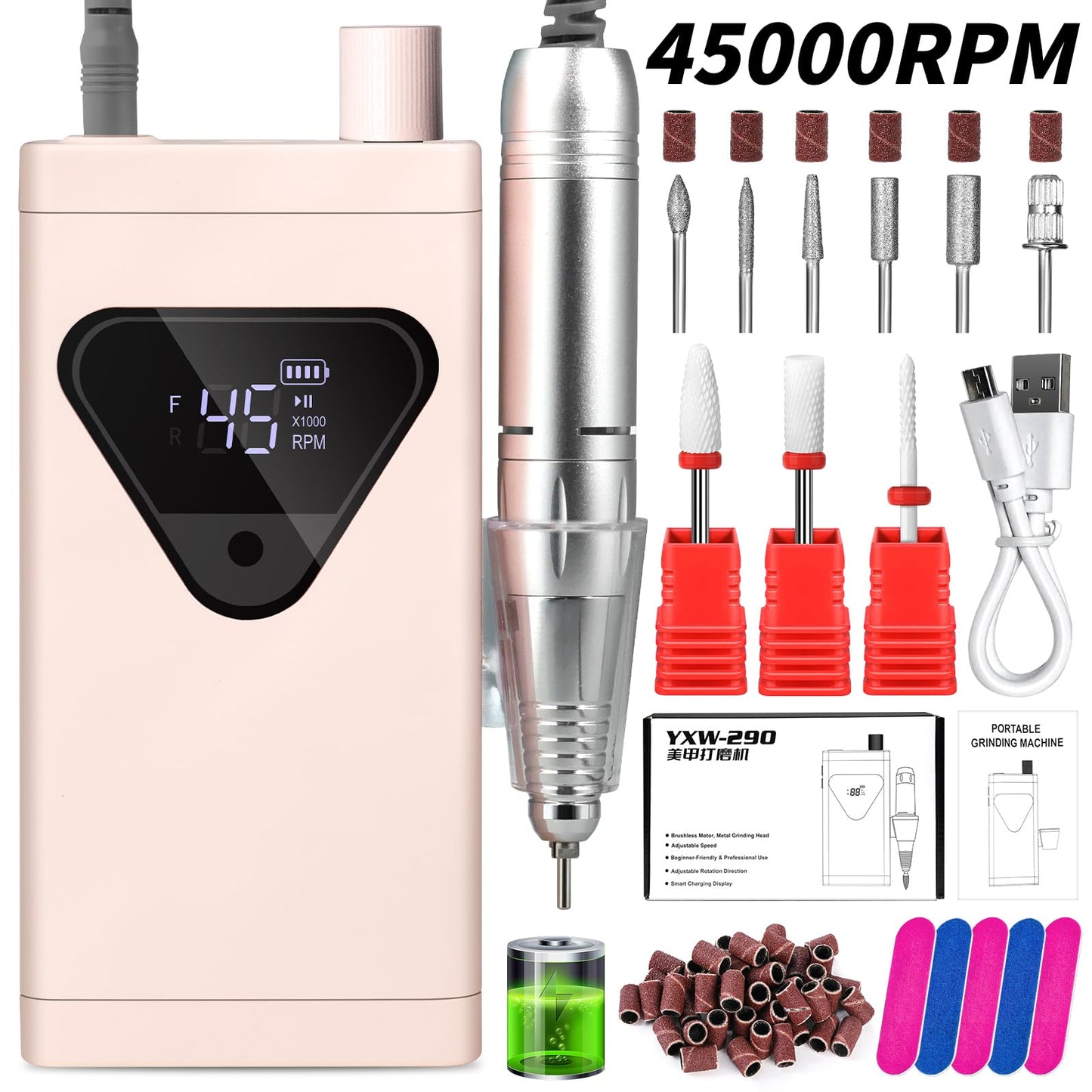 Professional Cordless Nail Drill Kits 45000RPM Electric Nail File for Acrylic Nails Removing and Polishing Gel Nails Lightweight and Easy to Use Ideal for Home and Salon Manicure Pedicure (Pink)
