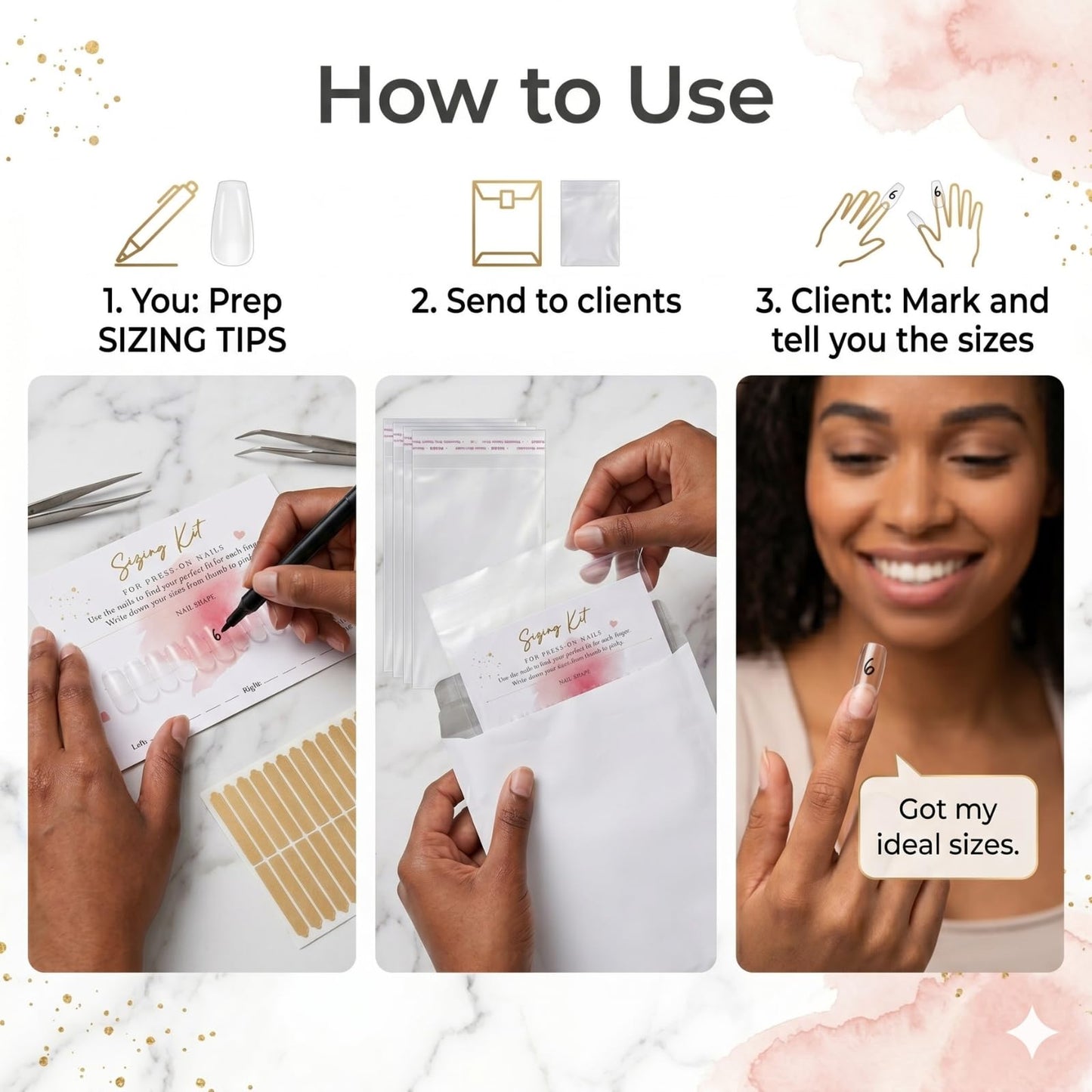 Press On Nails Sizing Kit Cards for Nail Business — 30 Pack Blank Size Chart Postcards, 5x7 Pink & Gold Foil, with Clear Bags, Press On Nail Business Supplies for Nail Tech