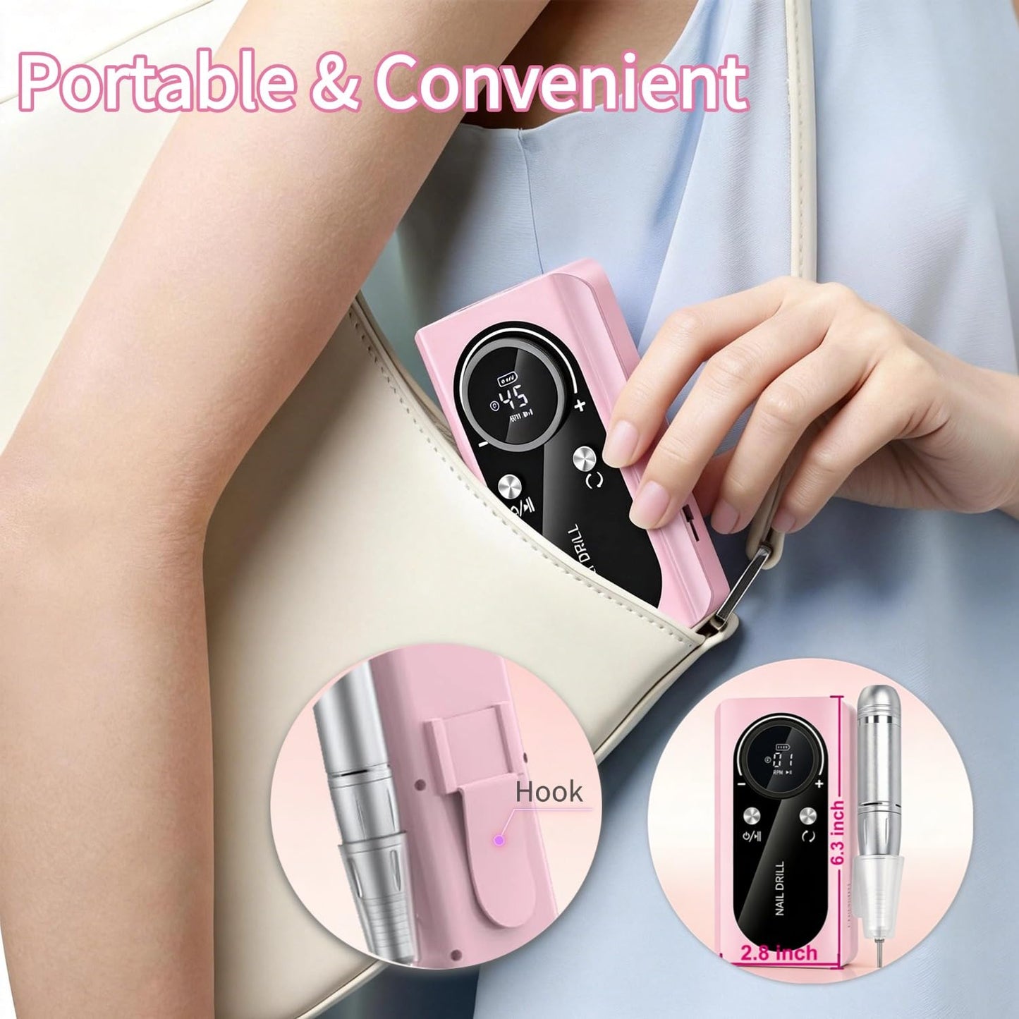 Electric Nail Drill Professional: 45000RPM Rechargeable Nail File with Bits for Acrylic Gel Nails, Professional Nail Drill Machine for Manicure & Pedicure Polishing Shape Tools for Home Salon
