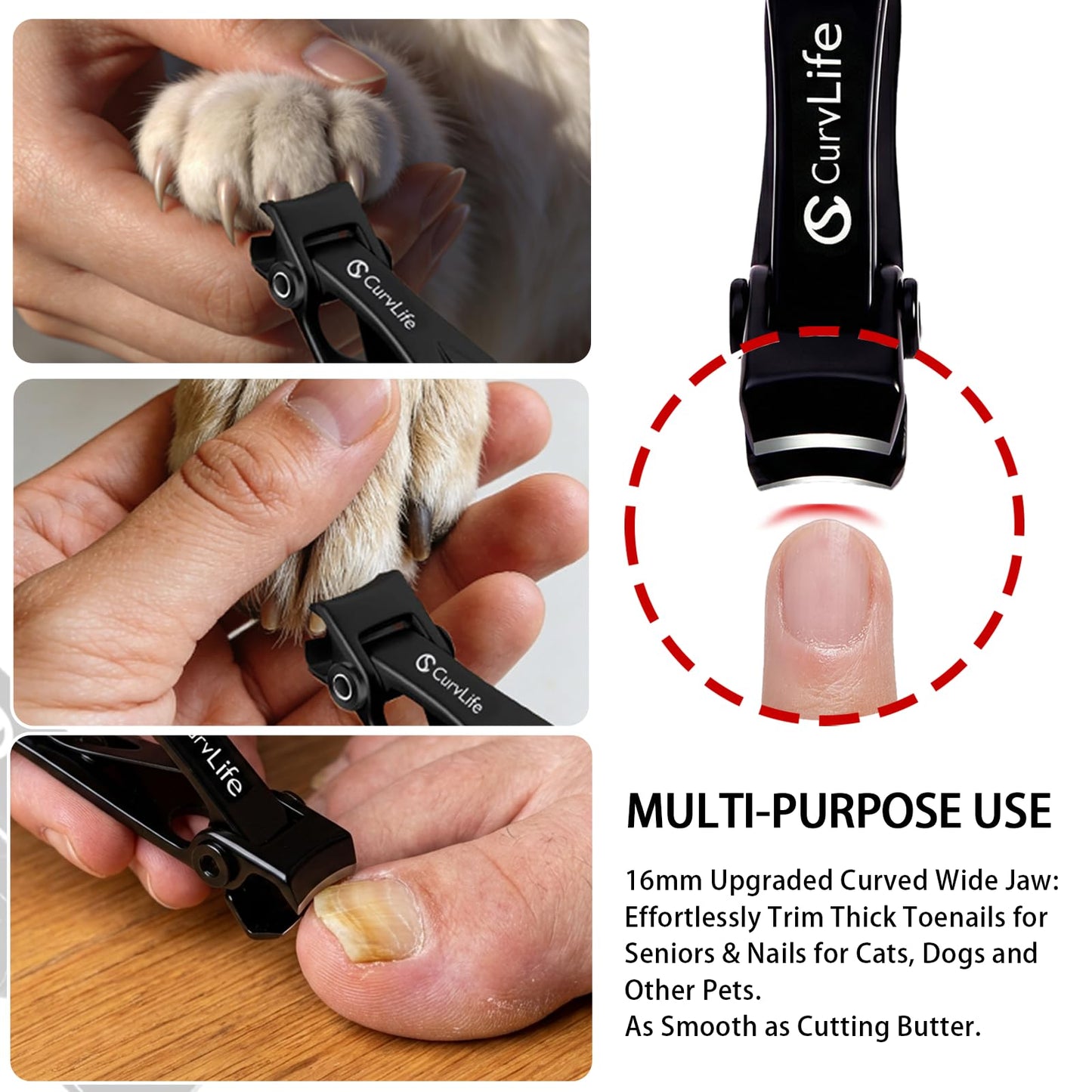 CurvLife Nail Clipper & Nail File Set, Heavy Duty Wide Jaw Toenail Clipper for Thick Nails, Anti-Splash Catcher, Non-Slip Grip, Curved Blade Trimmer with Safety Lock