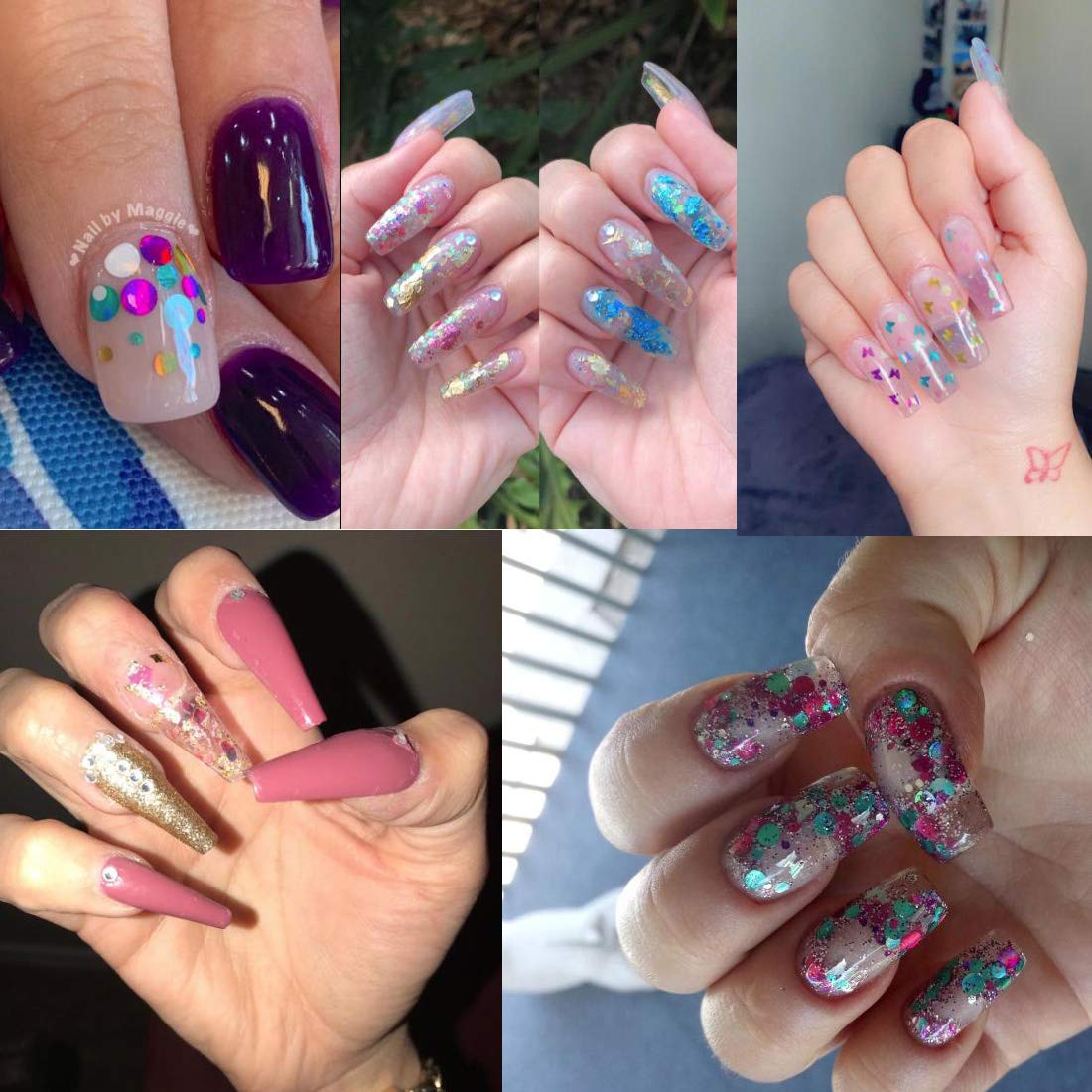 AddFavor 4 Boxes Holographic Nail Sequins Shapes Mixed Iridescent Nail Glitter Flakes Butterfly Hearts Star DIY Design Manicure Decorations Sets for Nail Art/Craft/Makeup