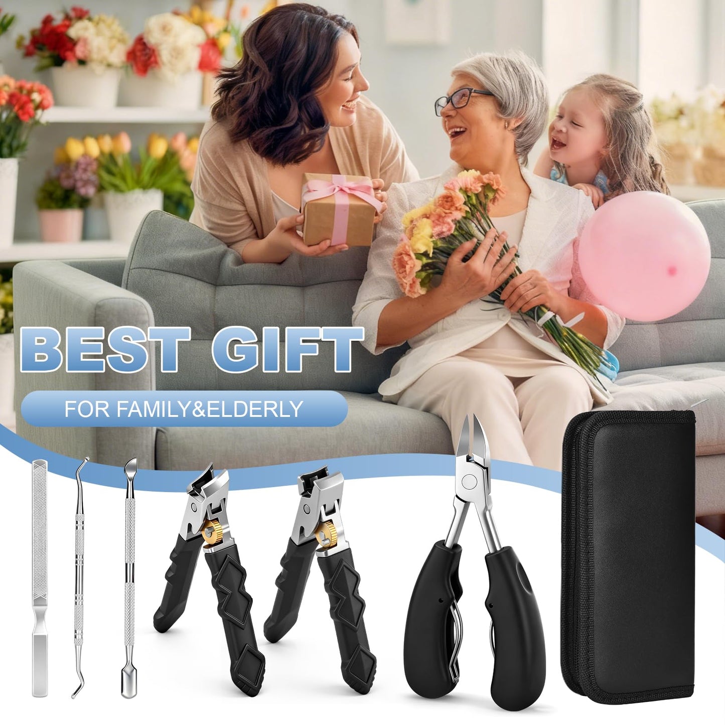 Toomkey 6-in-1 Toenail Clippers for Seniors with Thick Nails - Heavy Duty Wide Opening Nail Cutter Set with 45° Angle for Ingrown Toenails - Professional Pedicure Kit for Elderly Adults with Arthritis