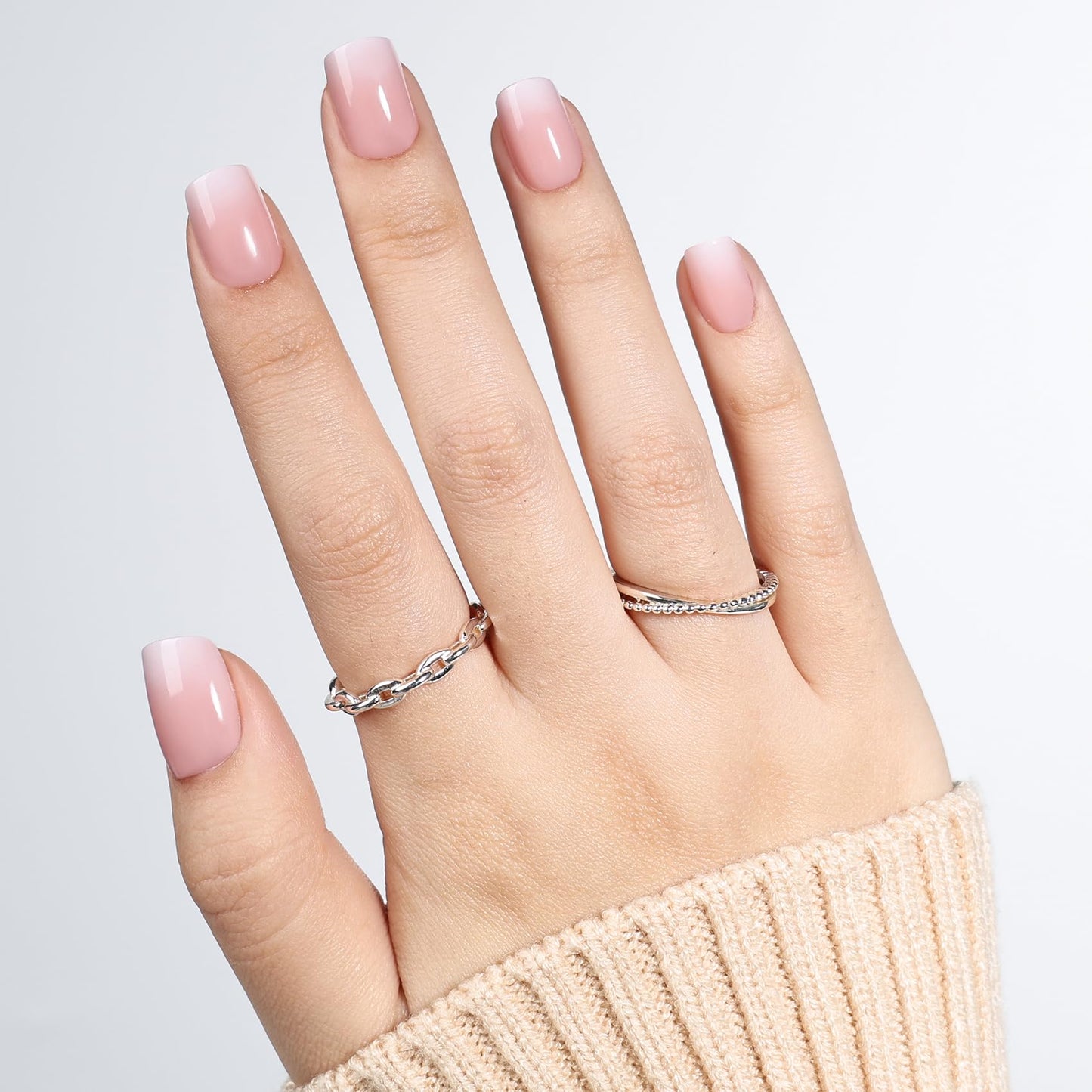 SEEWEE Pink Ombre Press On Nails Square - Short Square Nude Pink Fake Nails with Nail Glue, Nude Press On Nails Opaque Reusable Stick On Nails in 15 Sizes - 30 Nail Kit | Salon Quality
