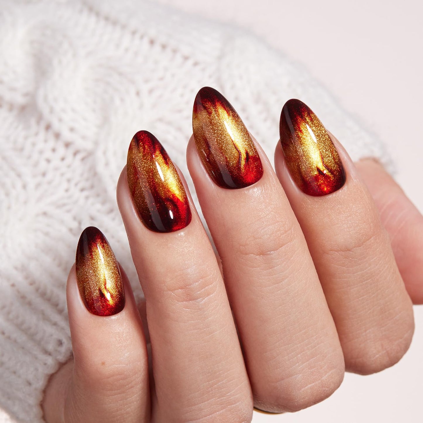 VSALON Press on Nails Short Almond - Golden Spakly Cat Eye Glitter Flame Design, Reusable Opaque Gel Magnetic Effect Fake Nails with Glue & Cuticle Oil - 32 PCS in 16 Sizes