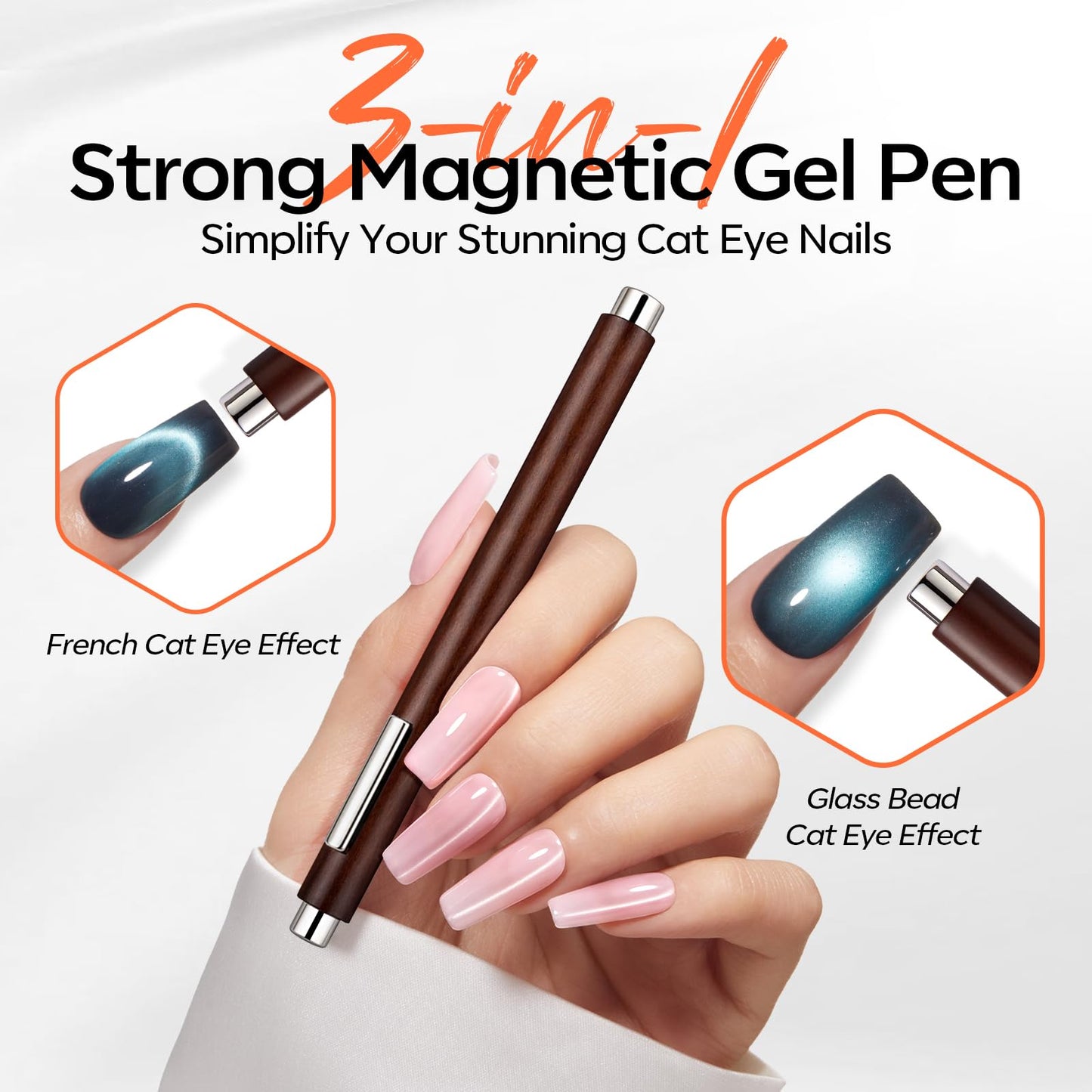 Modelones 3-in-1 Cat Eye Magnet, Double-Ended Cat Eye Magnet for Nails Multi-Function Nail Tool with Wide & Narrow Tips Strong Magnetic Stick for Cateye Gel Polish, DIY & Professional Salon Use