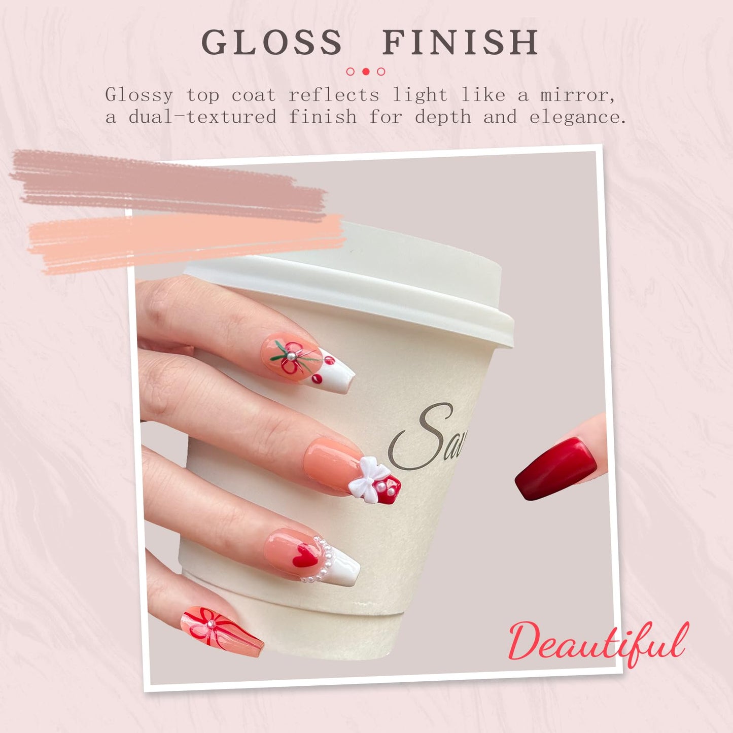 Luxury Handmade Press On Nails - Coffin 3D Bows & Cherry Pearls, French Red Reusable False Nails for Date Night & Spring Party, Salon-Grade Gel Acrylic Nail Art (S-10PCS)
