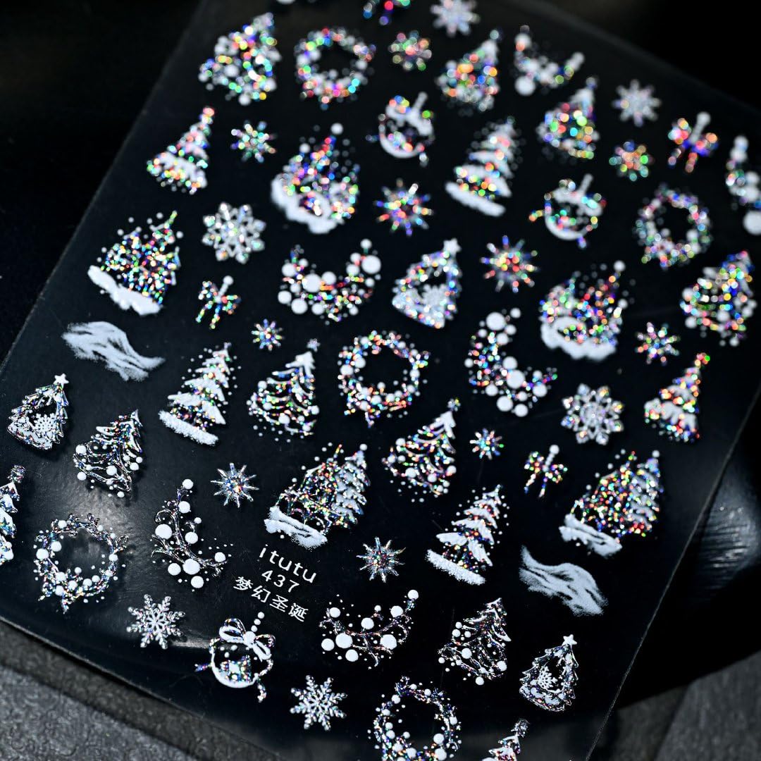5D Embossed Christmas Nail Art Stickers Silver Nail Stickers Self-Adhesive Xmas Tree Elk Snowflakes Nail Decals Winter Xmas Holiday Manicure DIY Nail Supplies for Women Girls