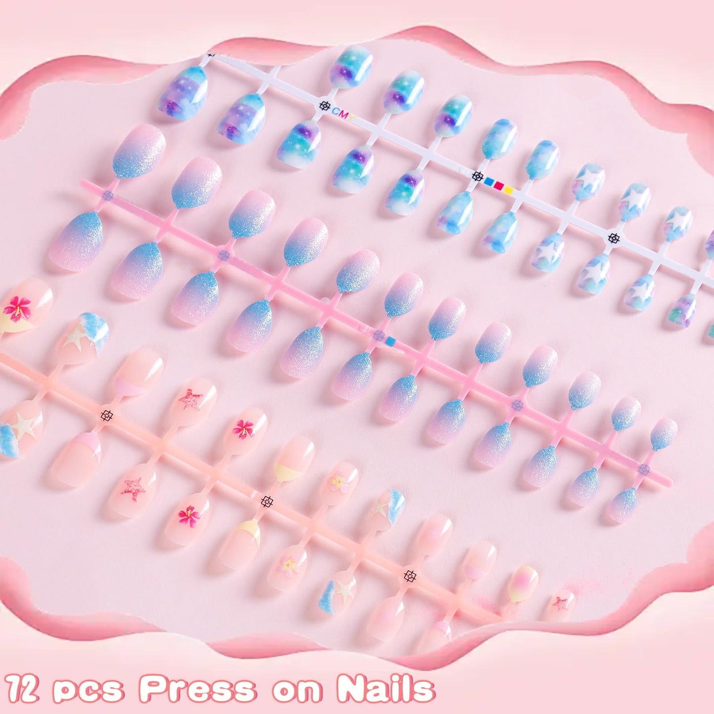 SIUSIO 3Pack Children Acrylic Fake Nails, 72pcs Press on Full Cover Glitter Gradient Color Short Almond False Nail Art Kits Set with Sticker Tabs Nail Glue Gel for Kids Little Girls - Summer Ocean