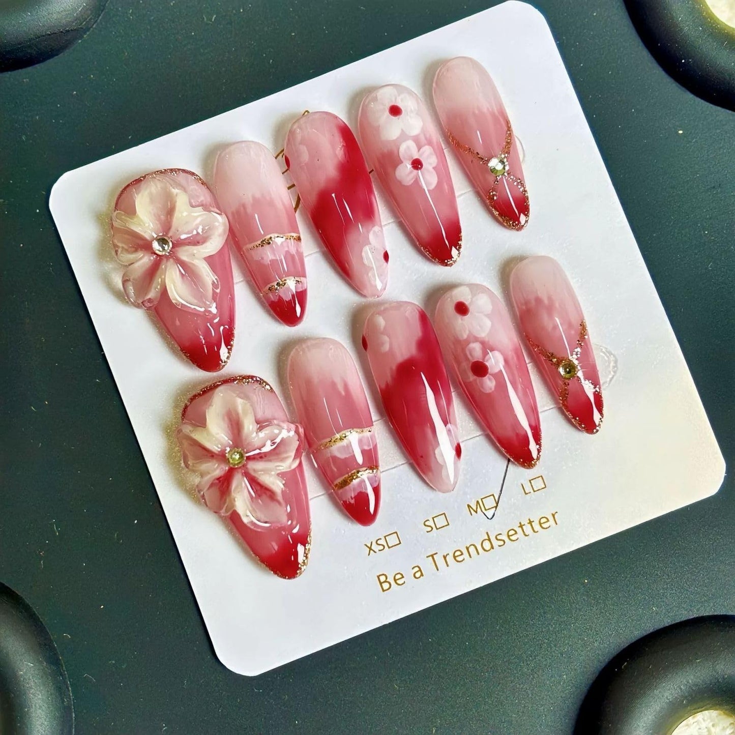 Threelegscat Red Handmade Press on Nails Long Fake Nails with Flower Designs for Women and Girls Size L 10pcs