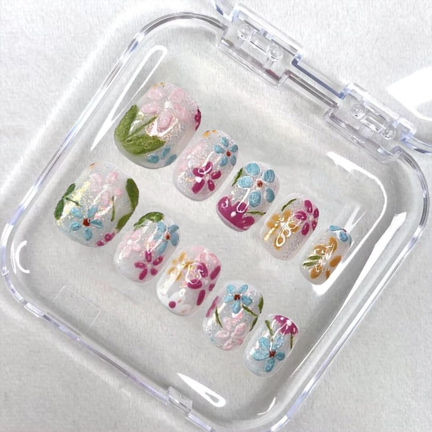 Handmade Press on Nails Short Square Fake Nails Press Ons Luxury Cute Flower Full Cover Stick on Nails Glitter Glue Nails for Women Girls Manicure (Oil Painting M)