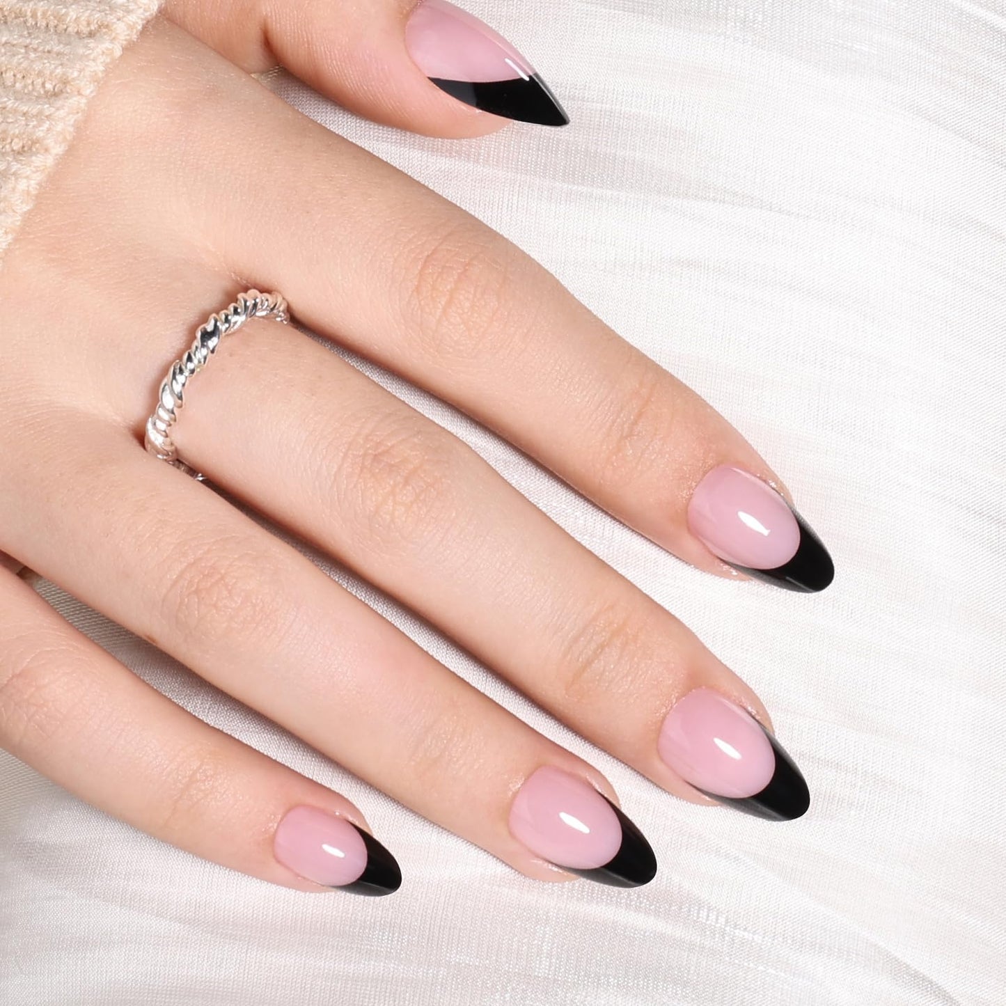 Pink Base Black French Tip Press On Nails - Short Almond Fake Nails, Reusable Glue On Nails with Nail Glue, French Tip Design for Women 32 Pieces 16 Sizes