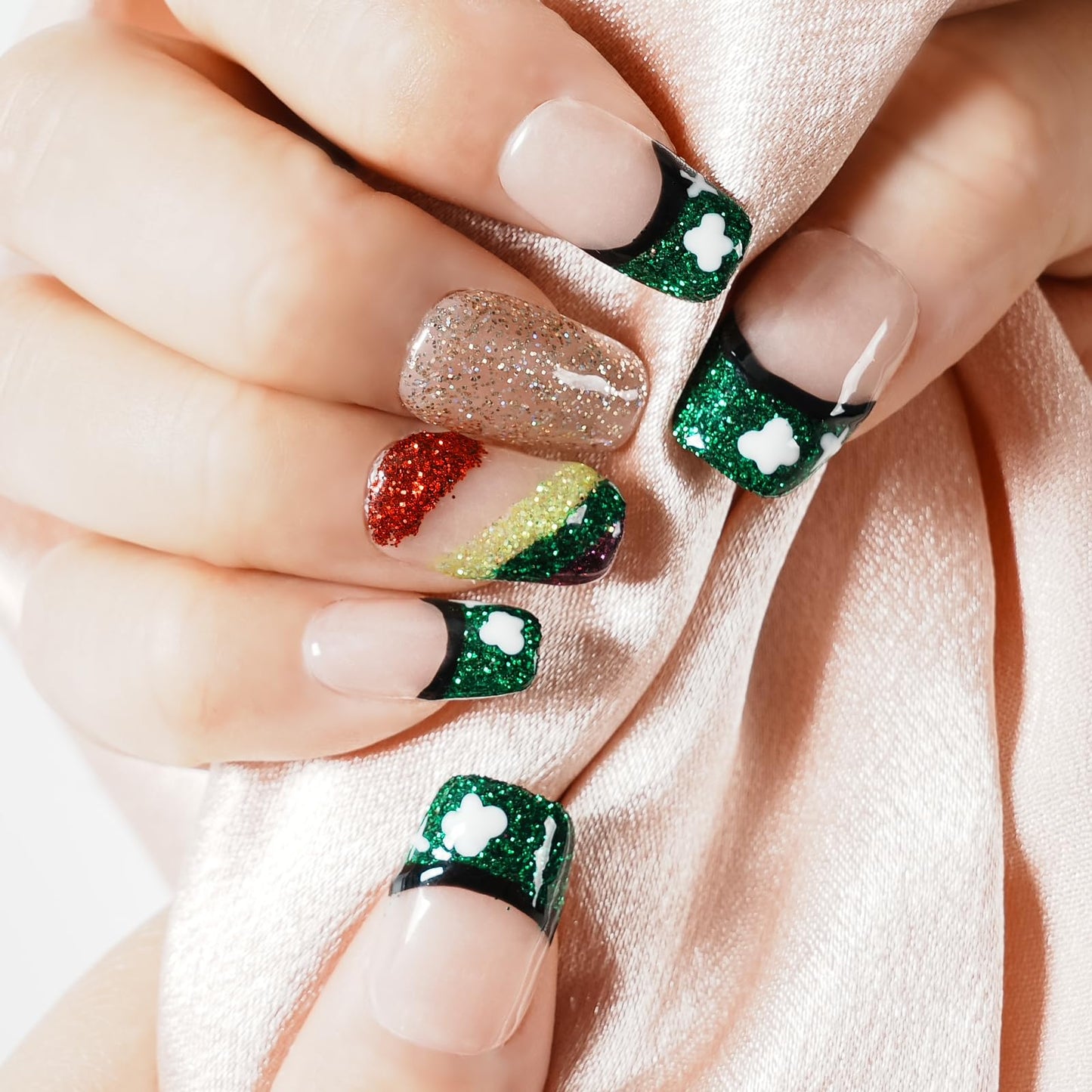 Tesytto Medium Square Press On Nails, Nude with Green Glitter French Tips and Hand-Painted White Clover, Rainbow Glitter Gradient Thick Acrylic Nails (Size M)