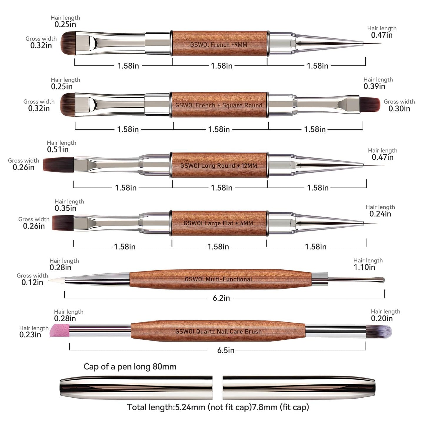 GSWOI Dual Head Acrylic Nail Brush-French Tip & 9mm Liner with Cleaning Brush for Builder Gel,Polygel & Design-Wood Handle & Metal Caps