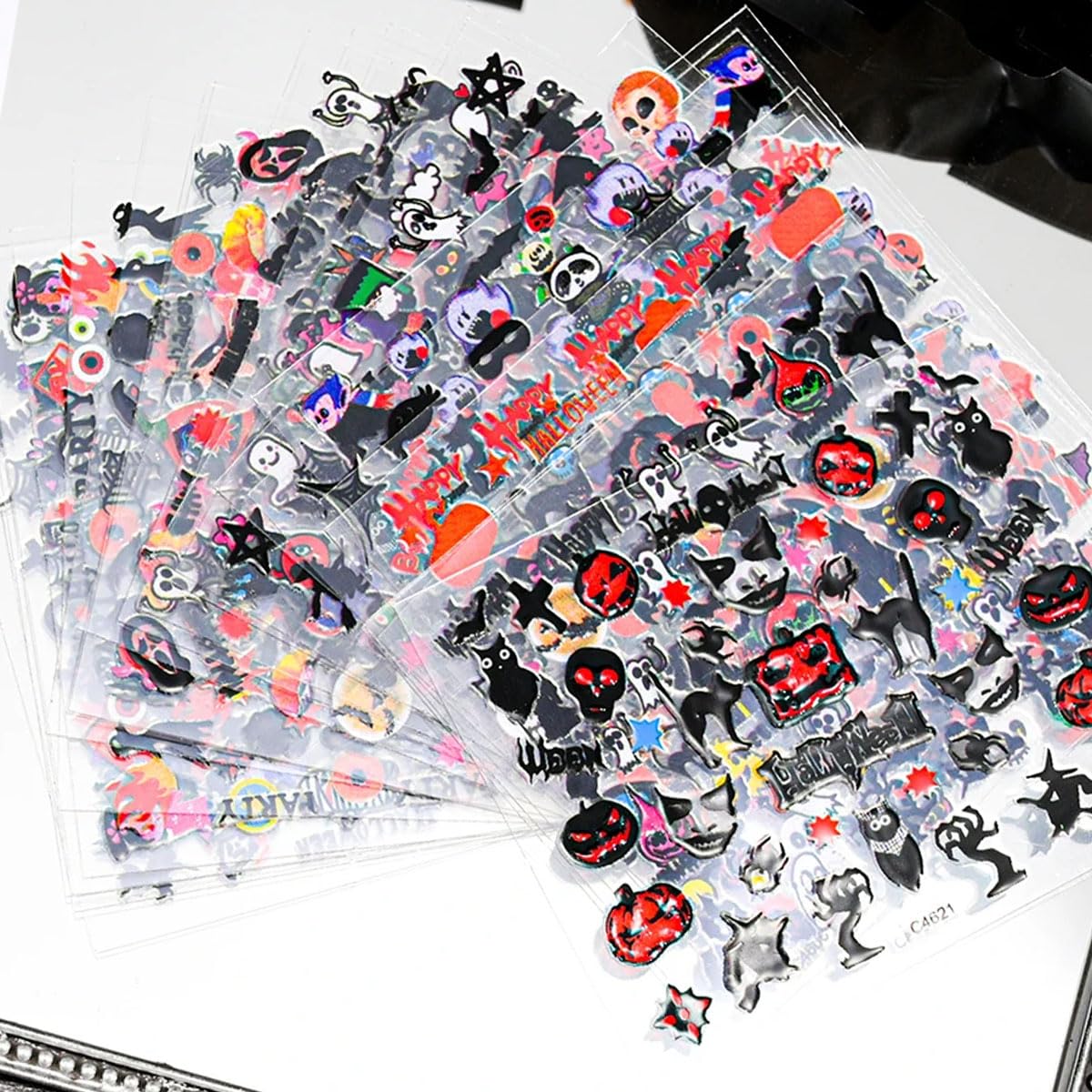 24 Sheets Halloween Nail Art Stickers 3D Self-Adhesive Nail Decals Ghost Pumpkin Bat Cat Skull Nail Designs Sticker Spooky Witch Spider Ghost Nail Stickers for Women Girls Acrylic Manicure Supplies