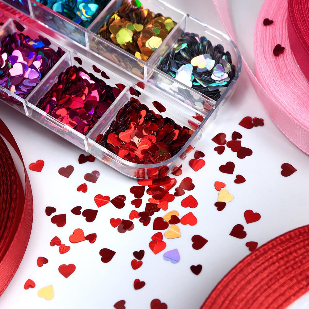 AWDSLUY 12Girds Litter Star Round Heart Nail Glitter Sequin Retro Love Heart Nail Glitters 3D Valentines Nail Art Sticker Decals Nail Art Supplies Holographic Shiny Gold Nail Sequins for Manicure