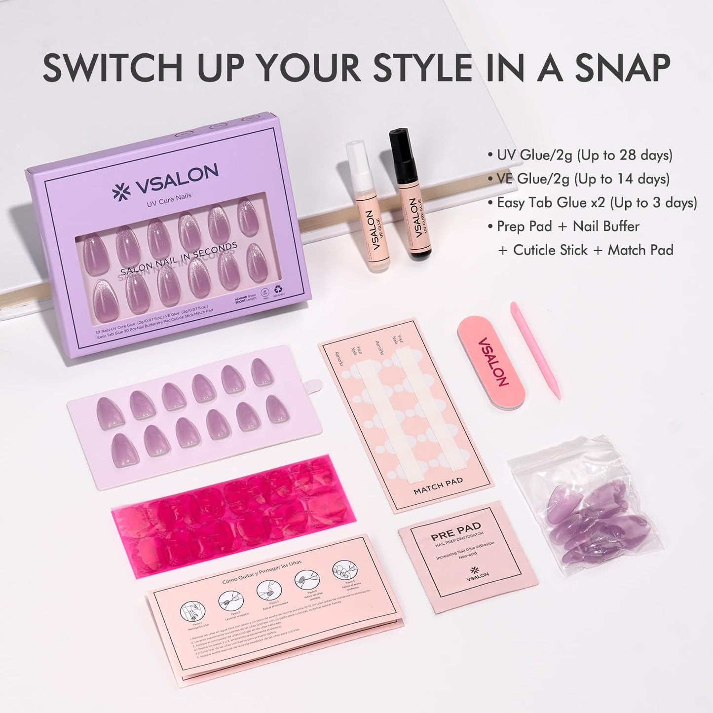 Vsalon Press On Nails Short Almond, Purple Cat Eye French Tip & Blue Cat Eye Chrome Fake Press On Nails Kit