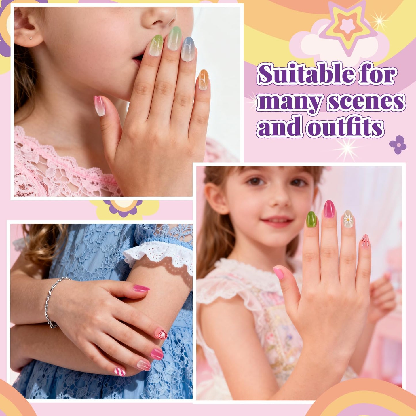 104 Pieces Press on Nails for Kids 4 Pack Artificial Fake Nails for Girls Kid Press on Nails for 8-12 Birthday Gift for Children Kids Little Girl Nail Art Decoration 