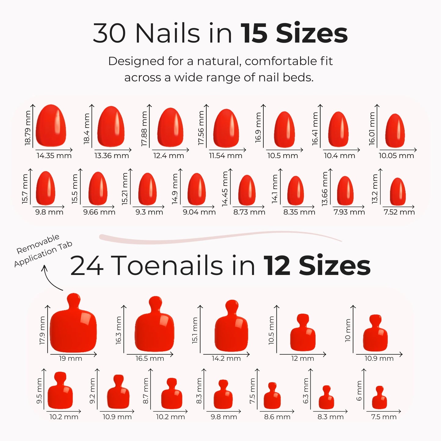 OURÉ Matching Press On Nails and Toenails Mani Pedi Set, Short Almond Soft Gel Nail Kit with Glue, 30 Press On Nails + 24 Press On Toenails, Reusable Fake Nails (Love Letter – Warm Red)