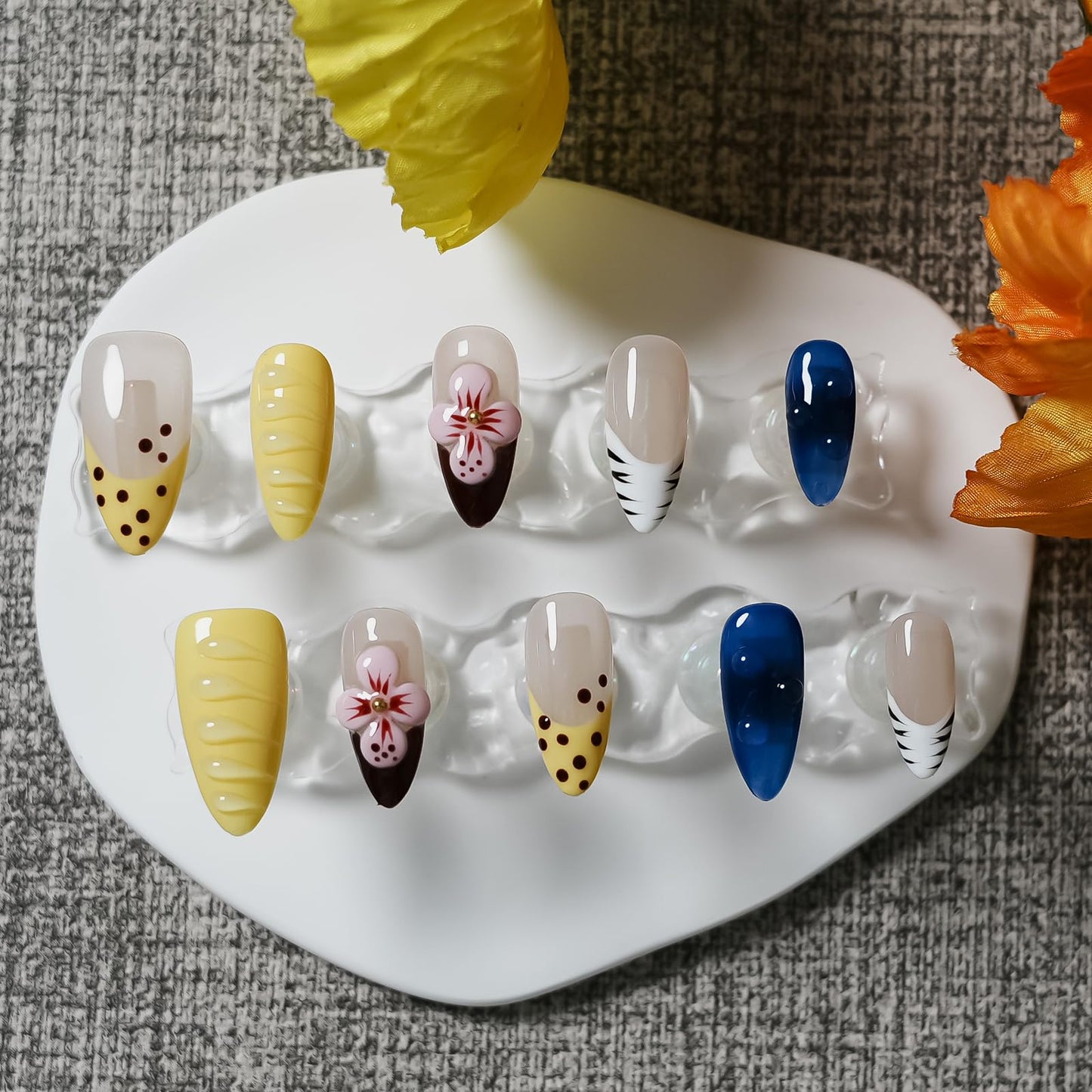 Tesytto Medium Almond Press on Nails – 3D Flower & Water Drop, Yellow French Tip Blue False Nails, Tropical Hawaiian Polka Dot Style Stick on Nails (Big Island-A,S)