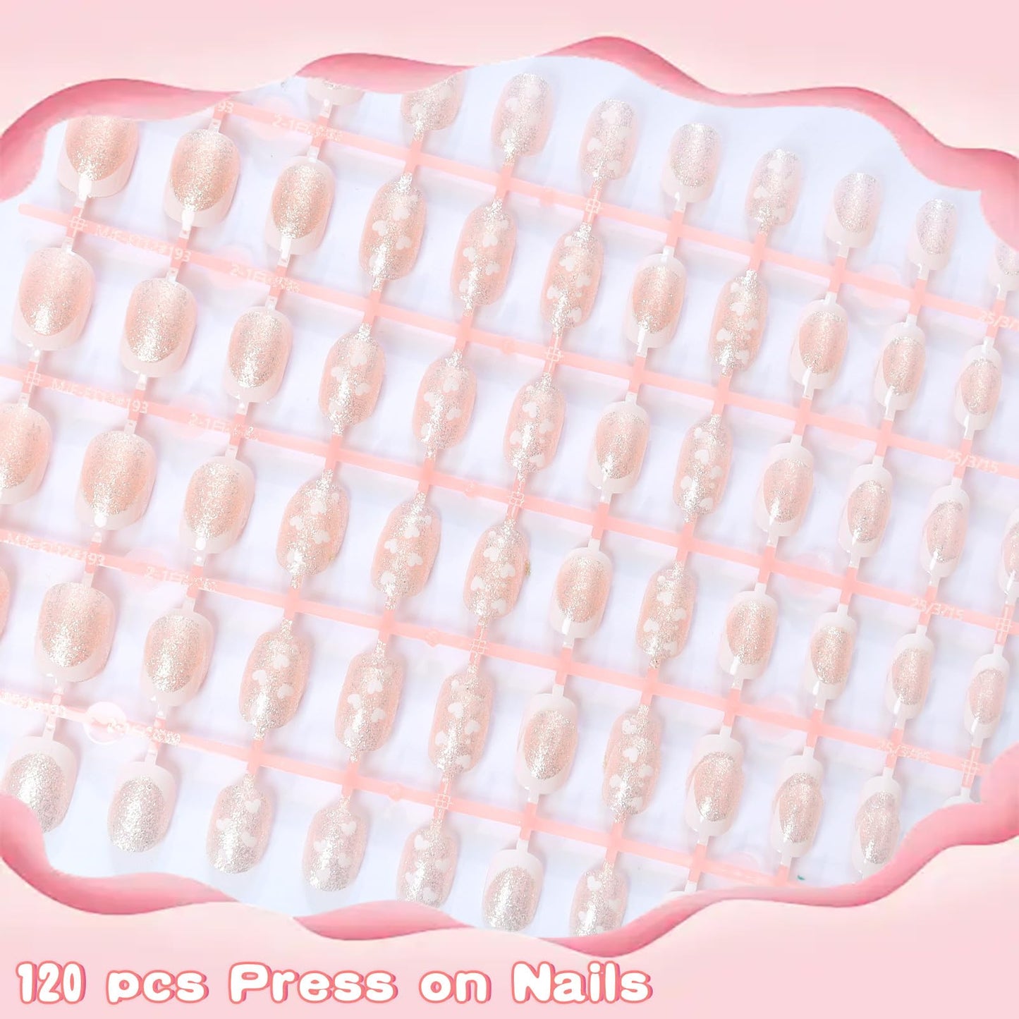 SIUSIO 120pcs 5 Pack Children Acrylic Fake Nails Press on Full Cover Short False Nail Art Kits Set Surprise Gift for Kids Little Girls Women - Glitter Hearts