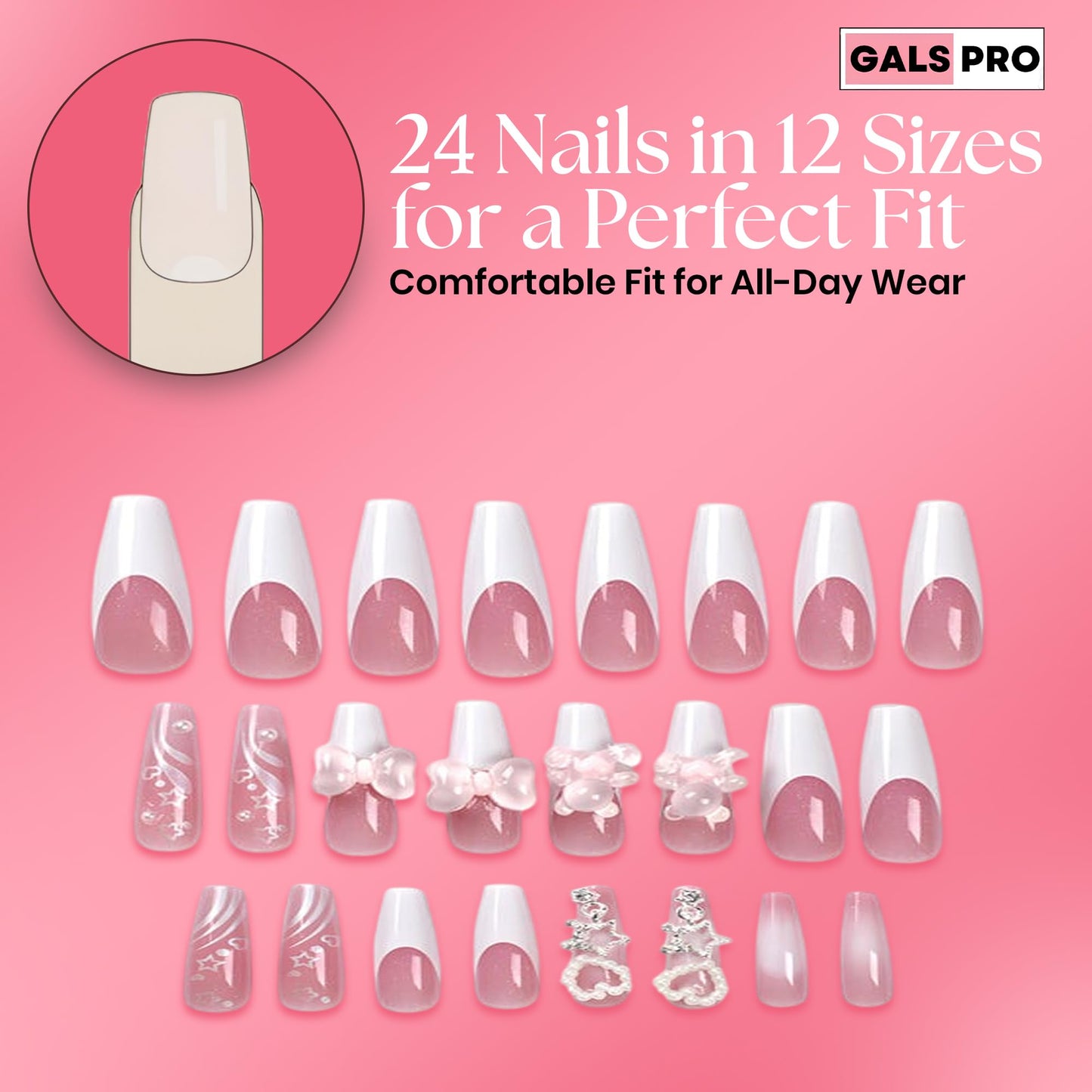 GALSPRO Long Press on Nails - Set of 24 Fake Nails with Designs in 12 Different Sizes for Perfect Fit, Cute False Nails Kit for Women with 0.07oz Nail Glue, A Double Sided Nail File & Cuticle Stick