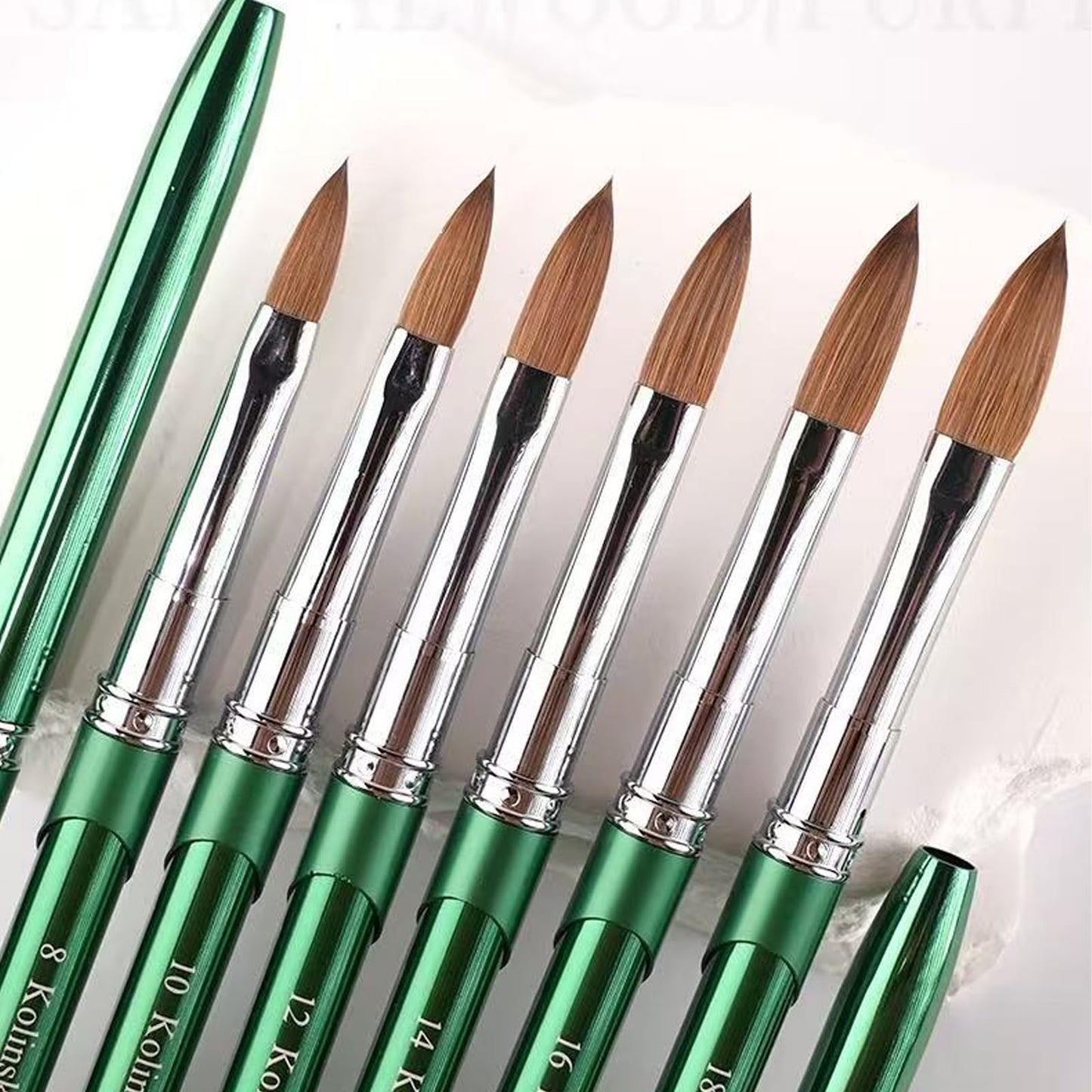 100% Kolinsky Nail Art Brushes Acrylic Nail Brushes Pure Kolinsky Hair Acrylic Crystal Chrome Green Handle with Silver Ferrule Round Shaped for Women Girls Manicure Tools Accessories-Size 10