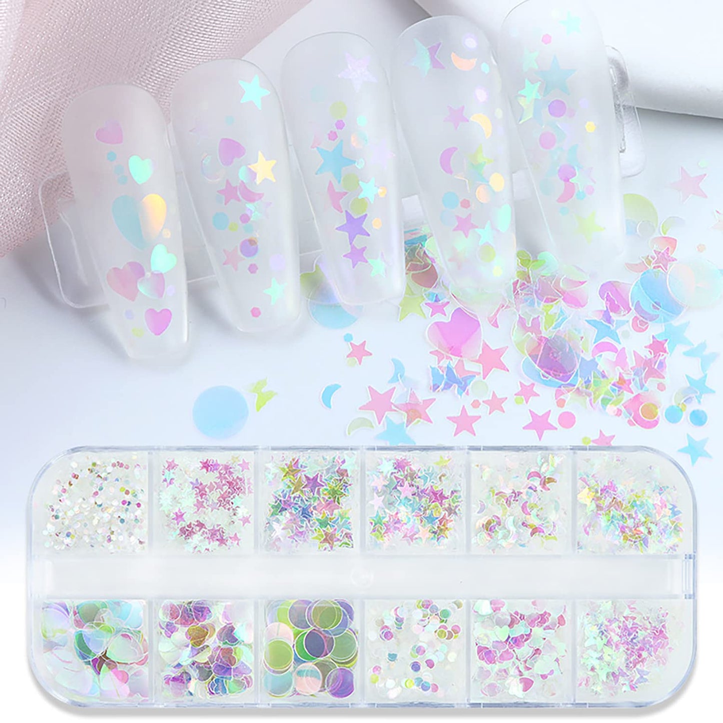 Iridescent Nail Art Glitter Sequins, Holographic 3D Ultra Thin Nail Art Glitter Flakes Designs, Heart Butterfly Round Star Acrylic Nails Supplies for Women Girls Manicure Decorations, DIY Nail Crafts