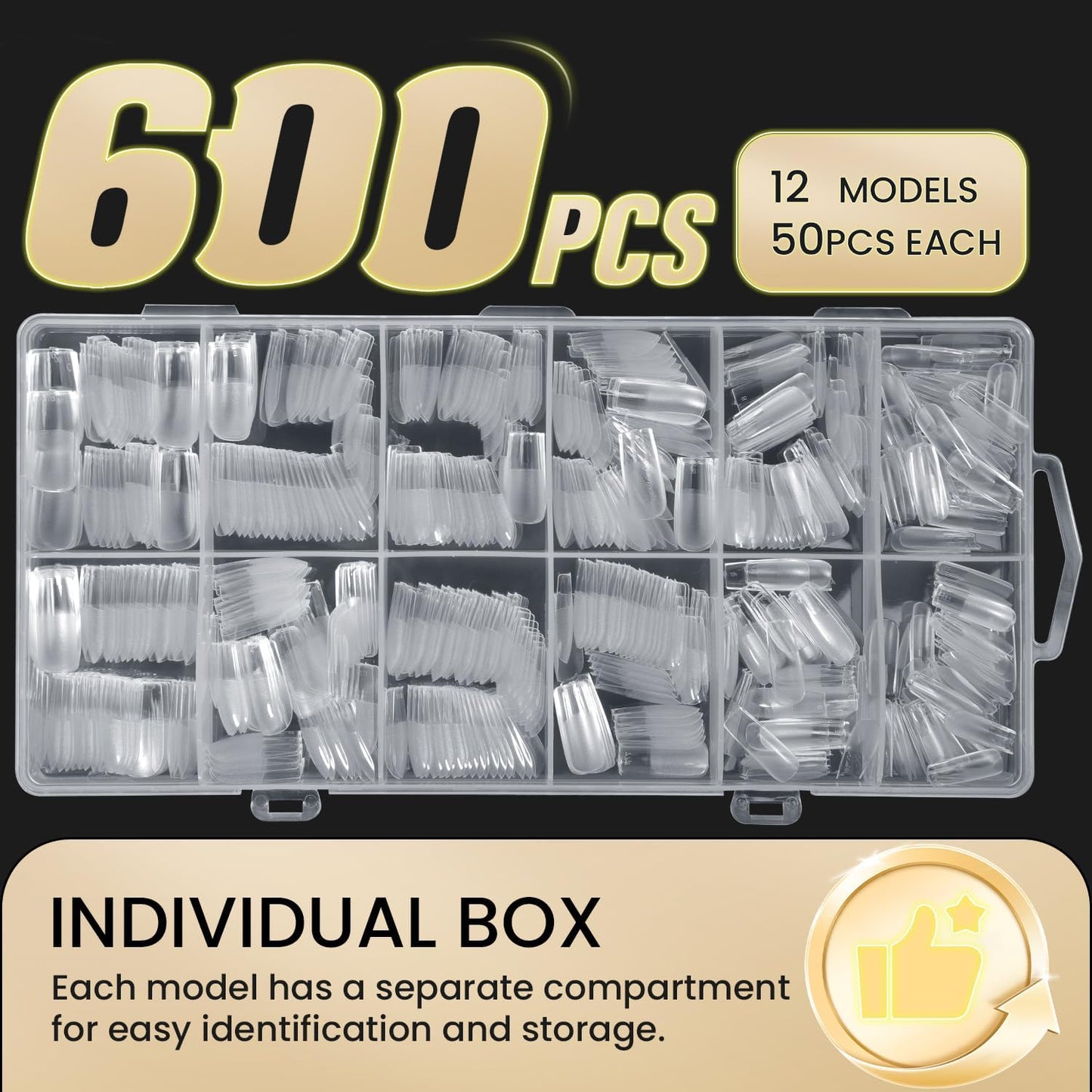 AORAEM Square Nail Tips, Pre-Shaped Clear Acrylic Fake Nails, Full Cover Half Matte Press On Nails for Home DIY Nail Salons, 600PCS Medium Square