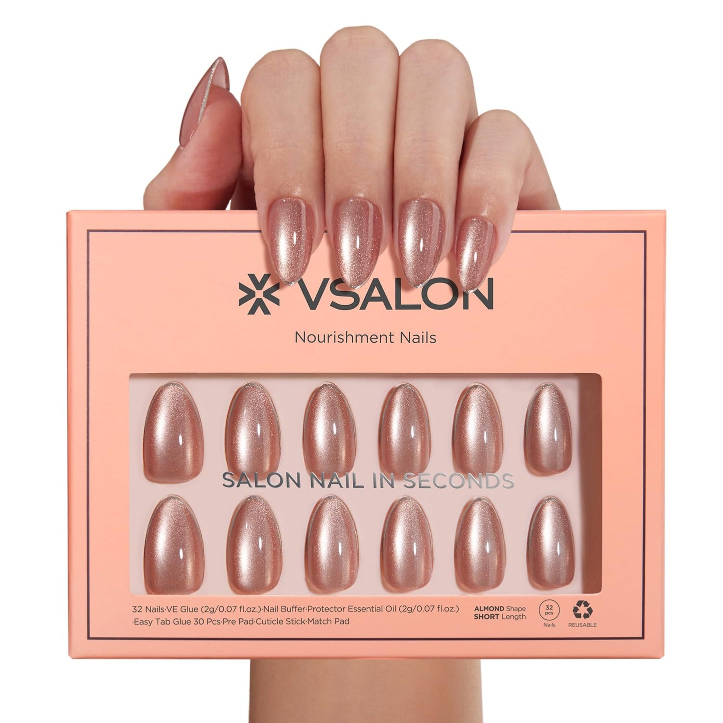 VSALON Press on Nails Short Almond - Pink Cat Eye Glitter Metallic Tip Fake Nails Kit for Woman, Reusable Spring Summer Opaque Gel Glossy Glue on Nails with Glue - 32 PCS Stick on Nails 16 Sizes