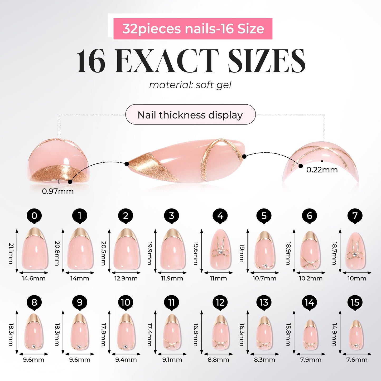UNA GELLA Press on Nails Almond, 32Pcs 16 Sizes Soft Gel Fake Nails for Women, 3D Chrome Gold Reusable Glue on Nails with Adhesive Tabs, Full Cover False Nails for Daily Wear and Party