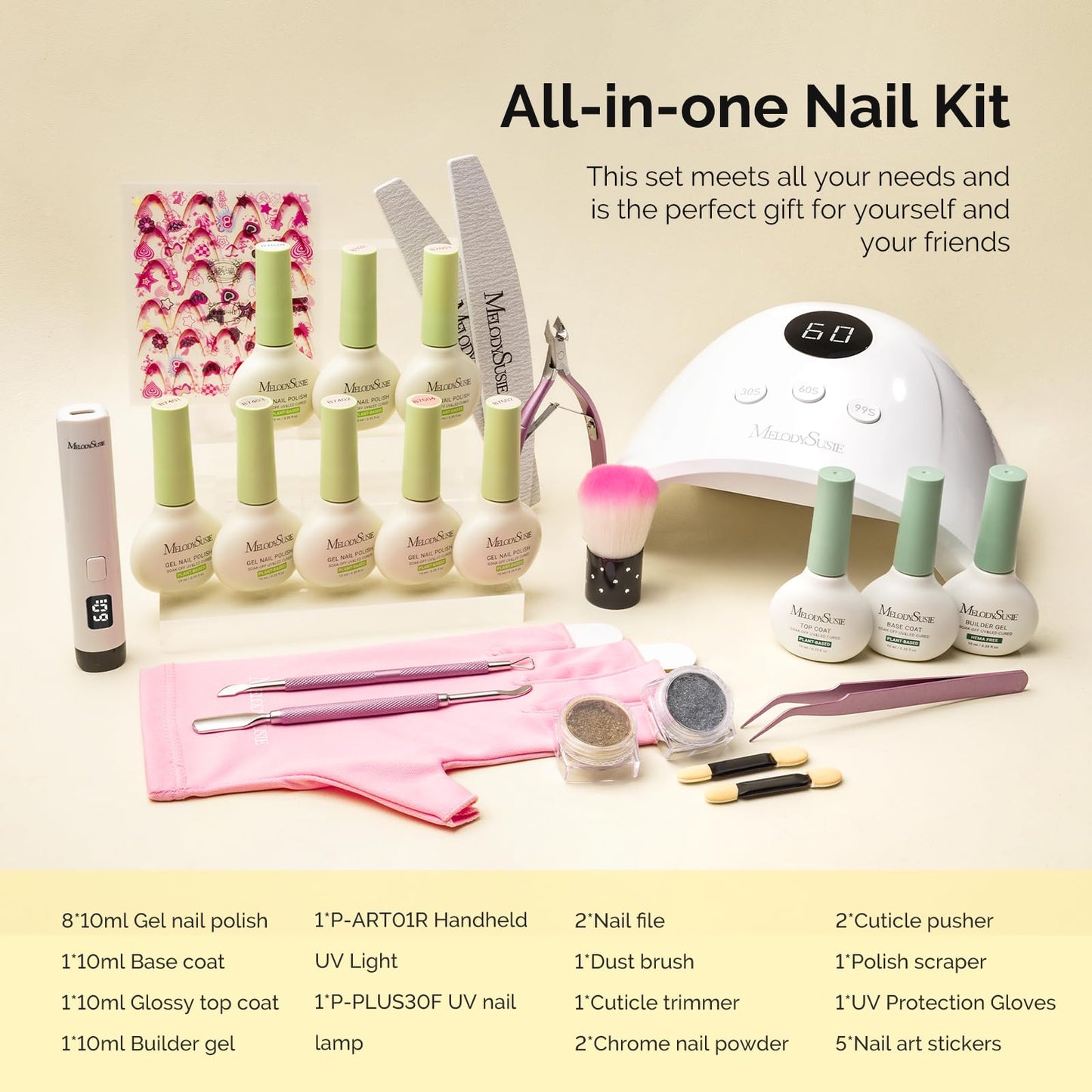 MelodySusie Gel Nail Polish Kit with P-Plus30F UV Nail Lamp - Handheld Cordless P-Art01R UV Light Classic Popular Colors Plant Based Gel Polish with Top Coat Base Coat Builder Manicure Tools