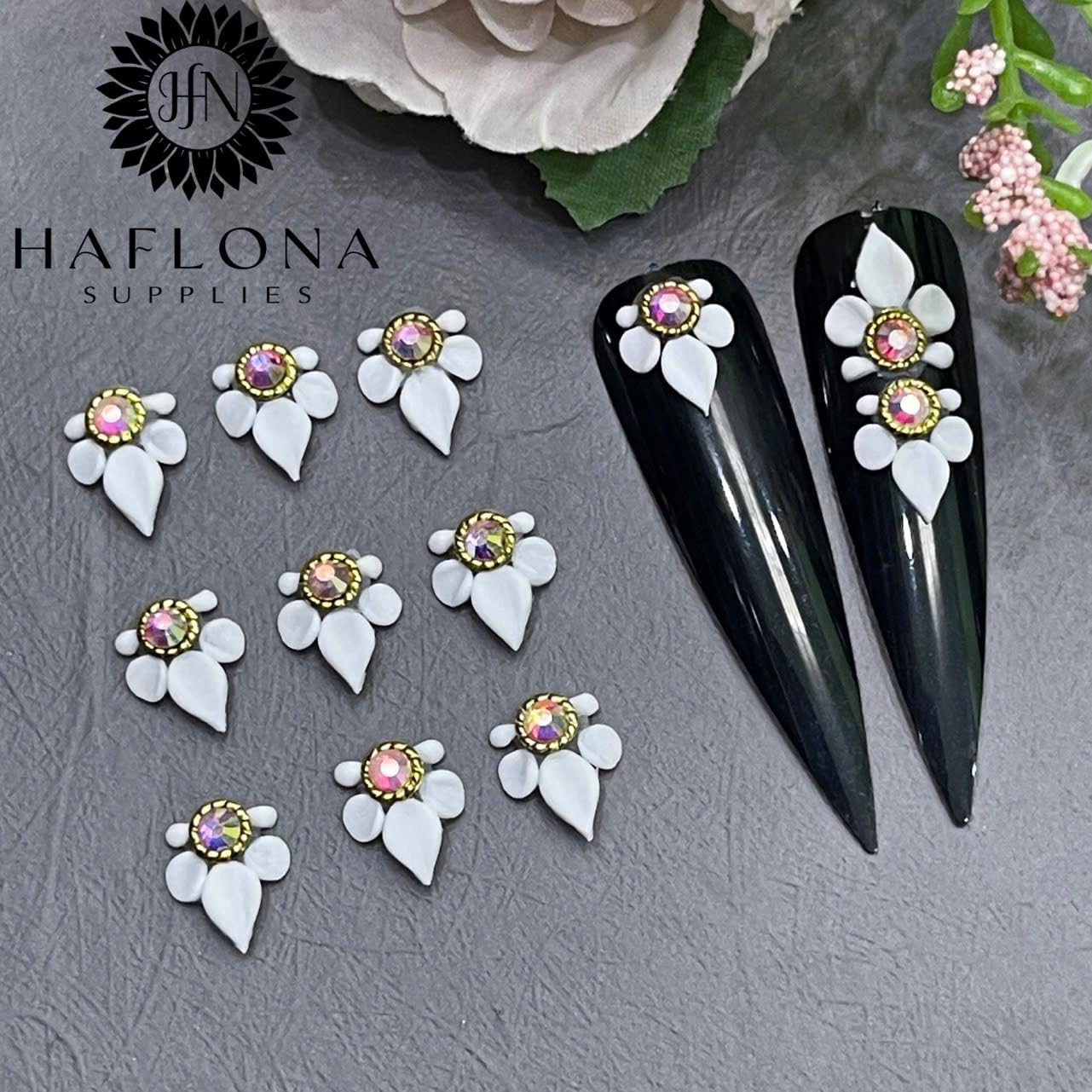 Set 12Pcs 3D White Half Poinettia Flower Charms Handmade by Acrylic Powder Design Nail Art Floral Salon Decor, 3D Flowers Nails Charms With Rhinestone Gems For Women Girls (White Half-Poinettia 12Pcs)