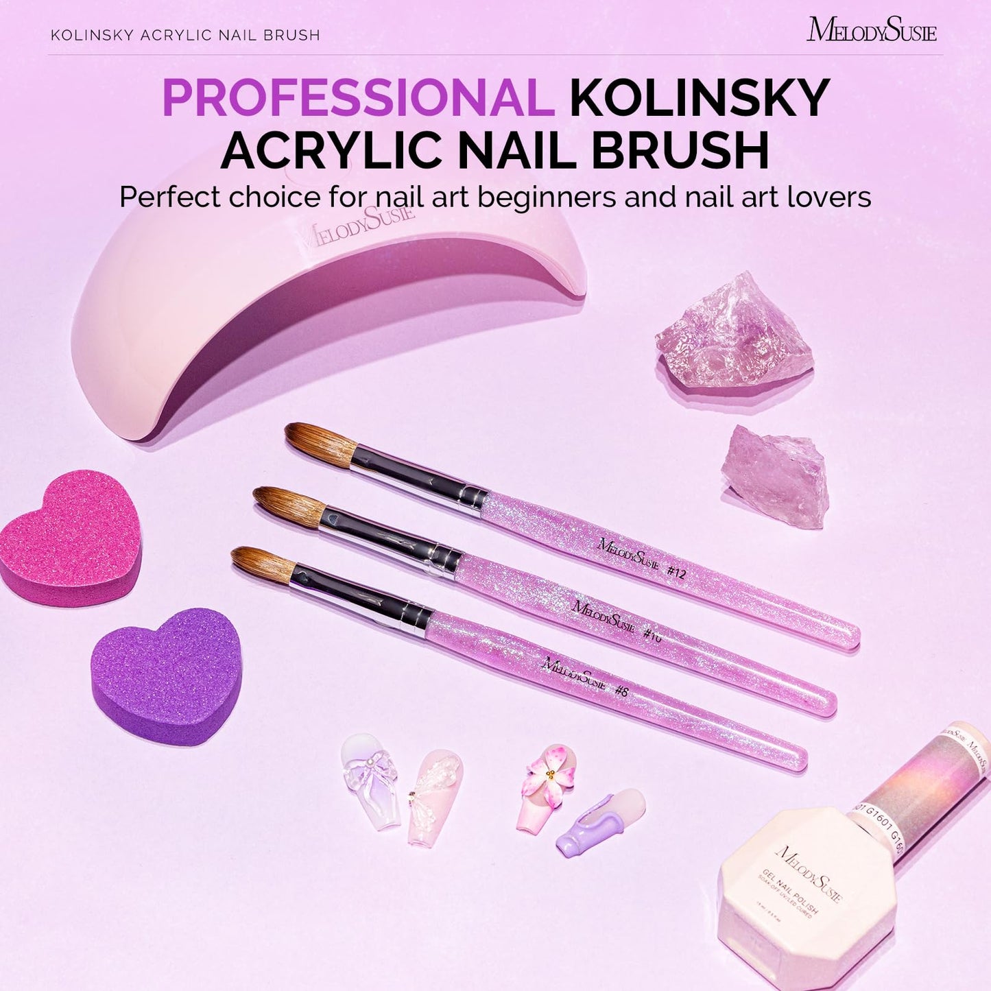 MelodySusie Kolinsky Acrylic Nail Brush,66% Kolinsky Hair Professional Nail Art Brush for Acrylic Application, Aurora Collection Fine Glitter Brush, Purple, Size 8