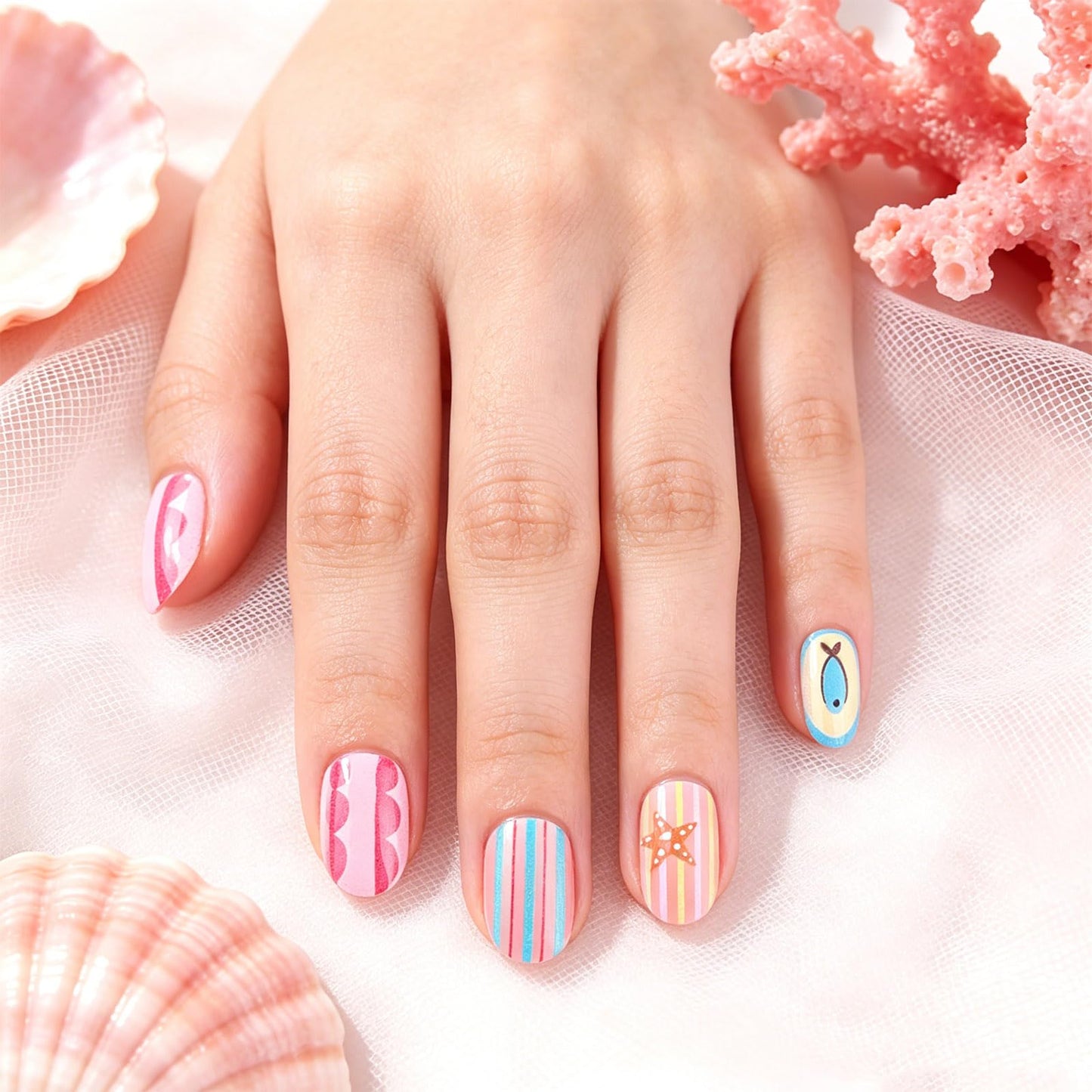 Cute Fish Press on Nails With Ocean Design, Glossy Colorful Striped Fake Nail, Medium Oval False Nails Starfish Glue on Nail, Beach Stick on Reusable Acrylic Fingernails for Women Summer Daily Wear